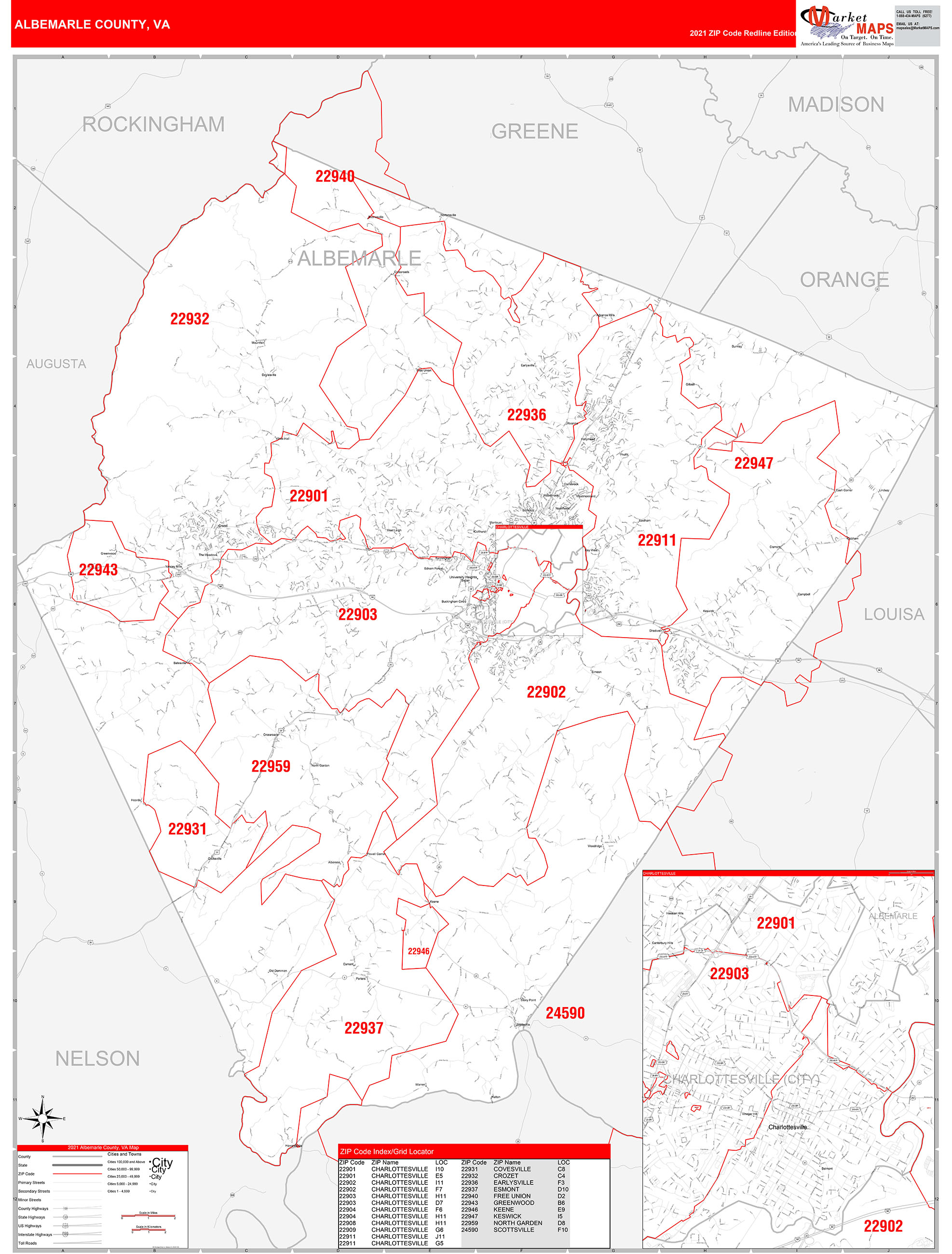 Albemarle County, VA Zip Code Wall Map Red Line Style by MarketMAPS MapSales