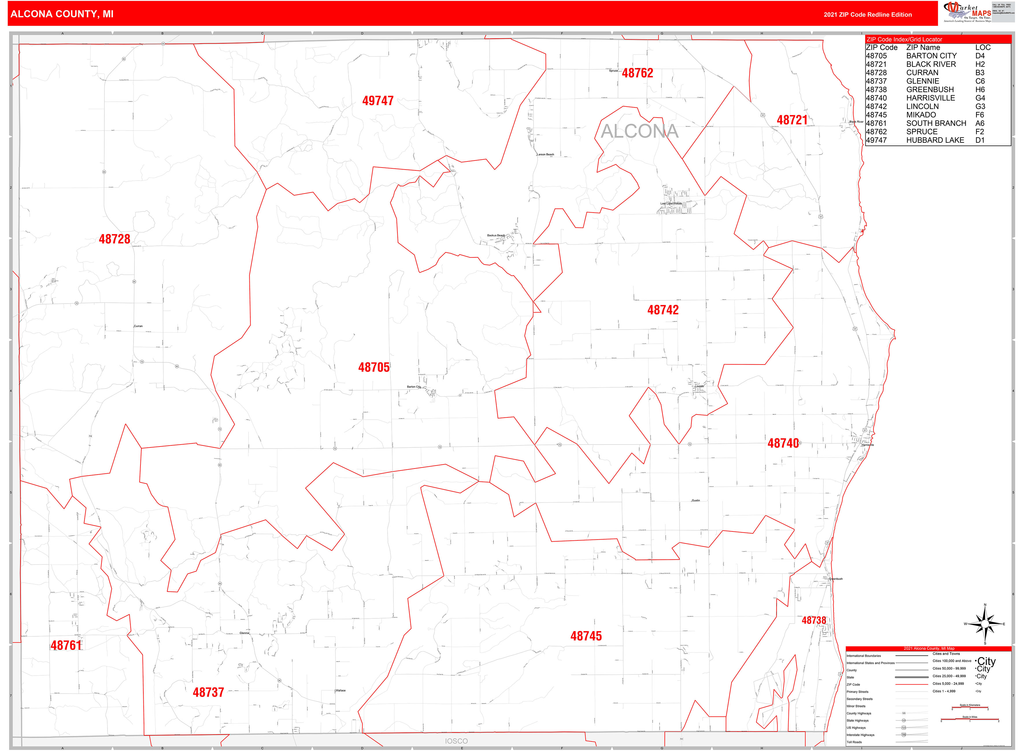 Alcona County, MI Zip Code Wall Map Red Line Style by MarketMAPS
