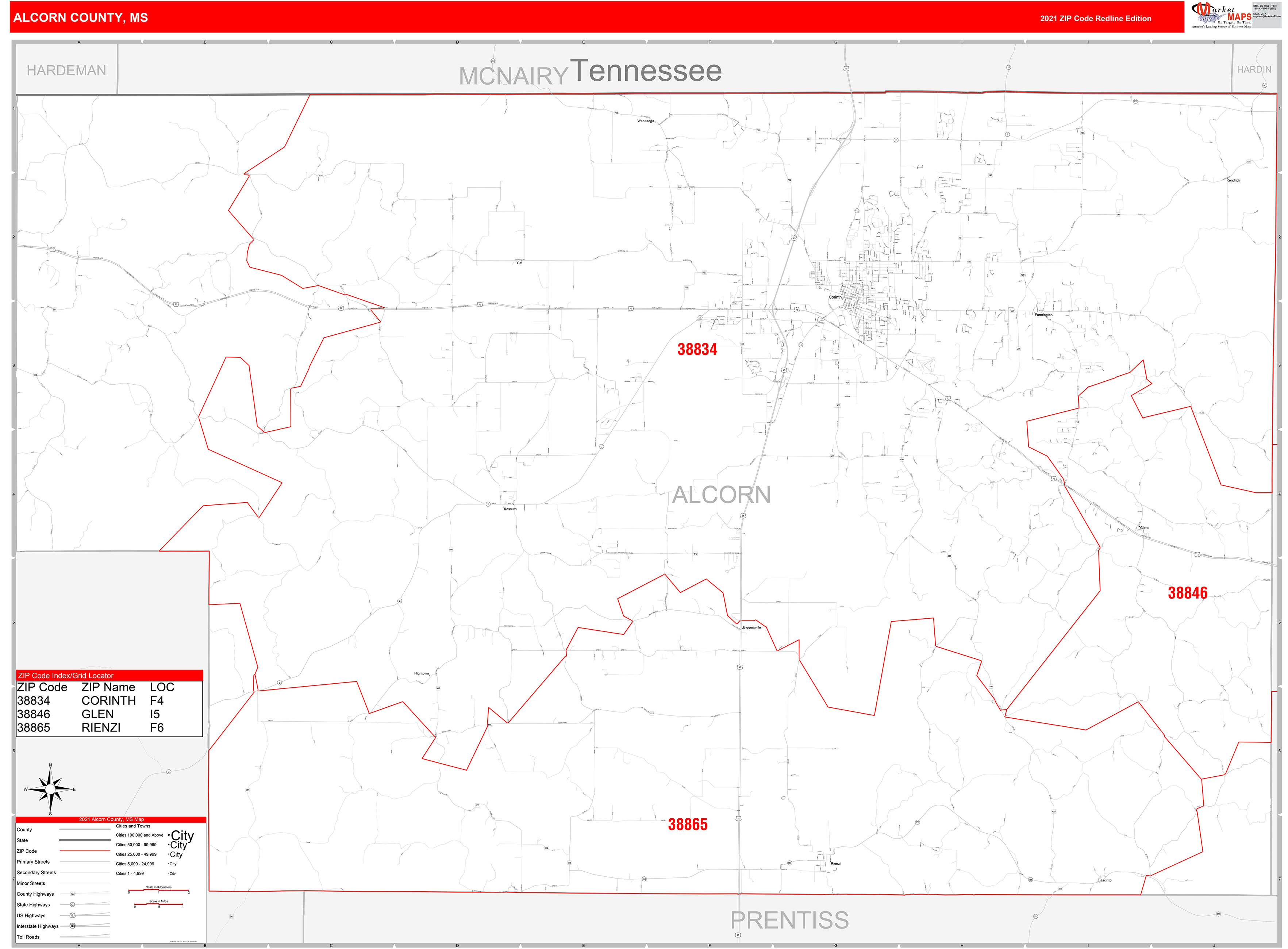 Alcorn County, MS Zip Code Wall Map Red Line Style by MarketMAPS