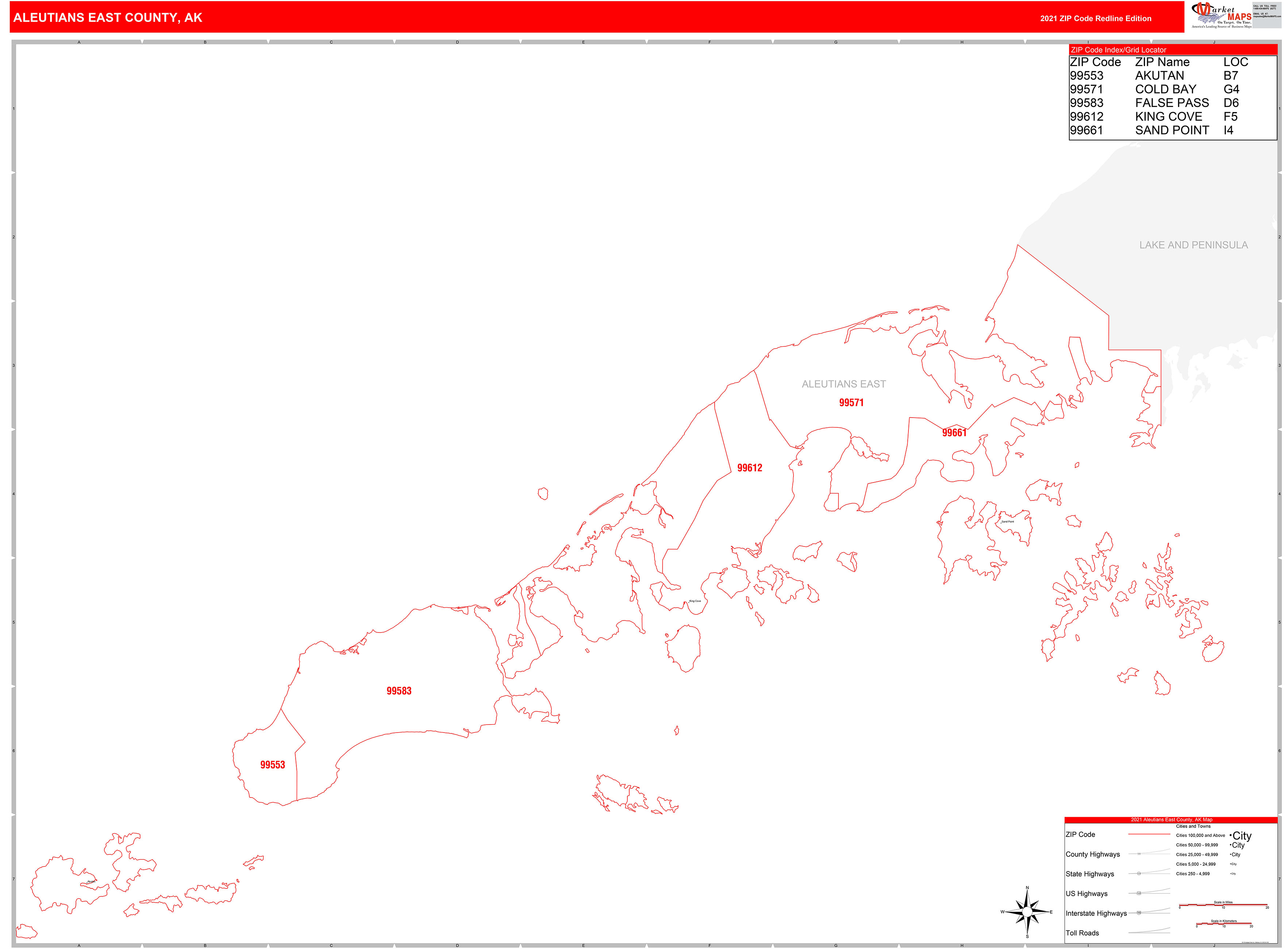Aleutians East County, AK Zip Code Wall Map Red Line Style by MarketMAPS