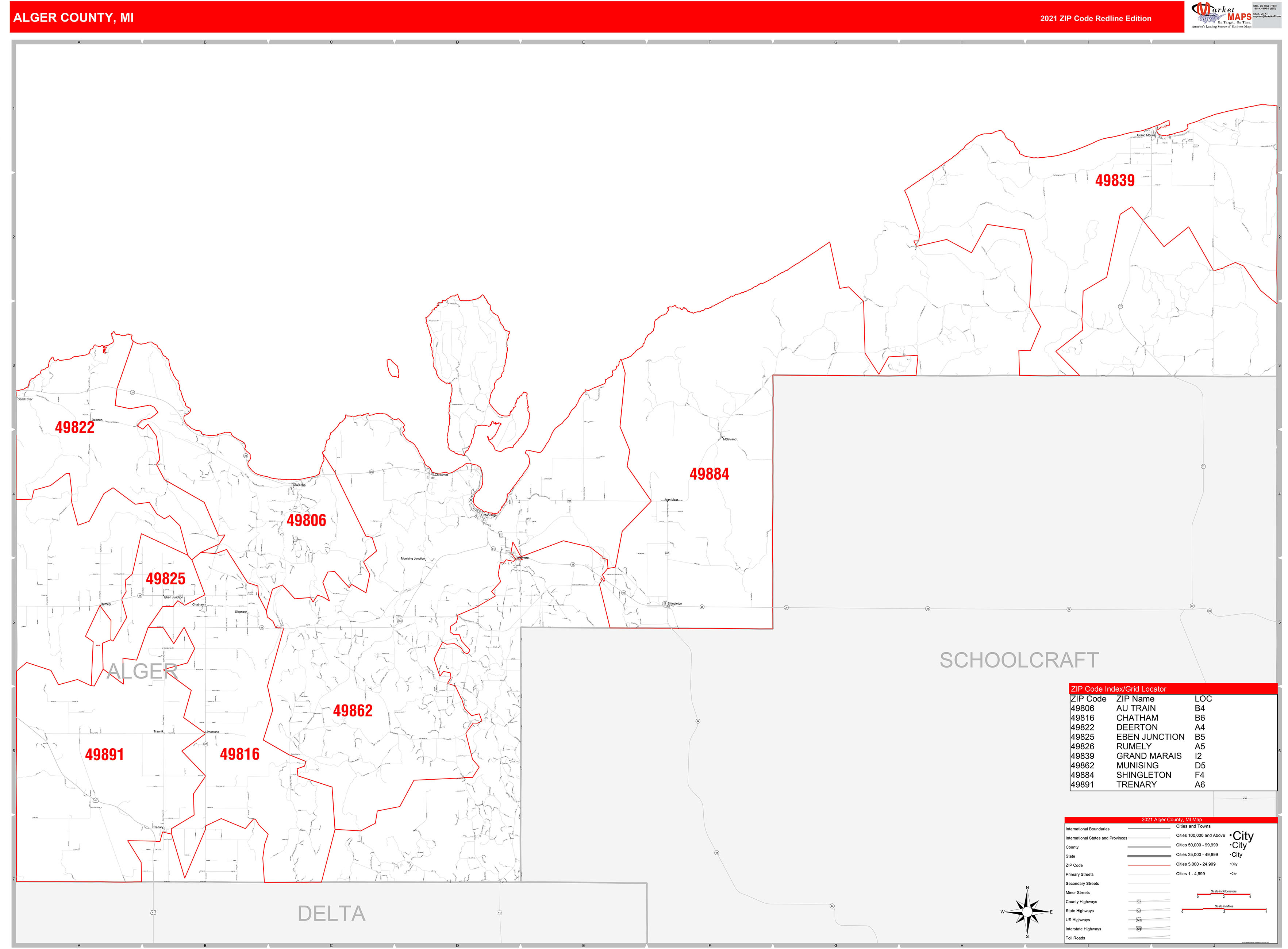 Alger County, MI Zip Code Wall Map Red Line Style by MarketMAPS