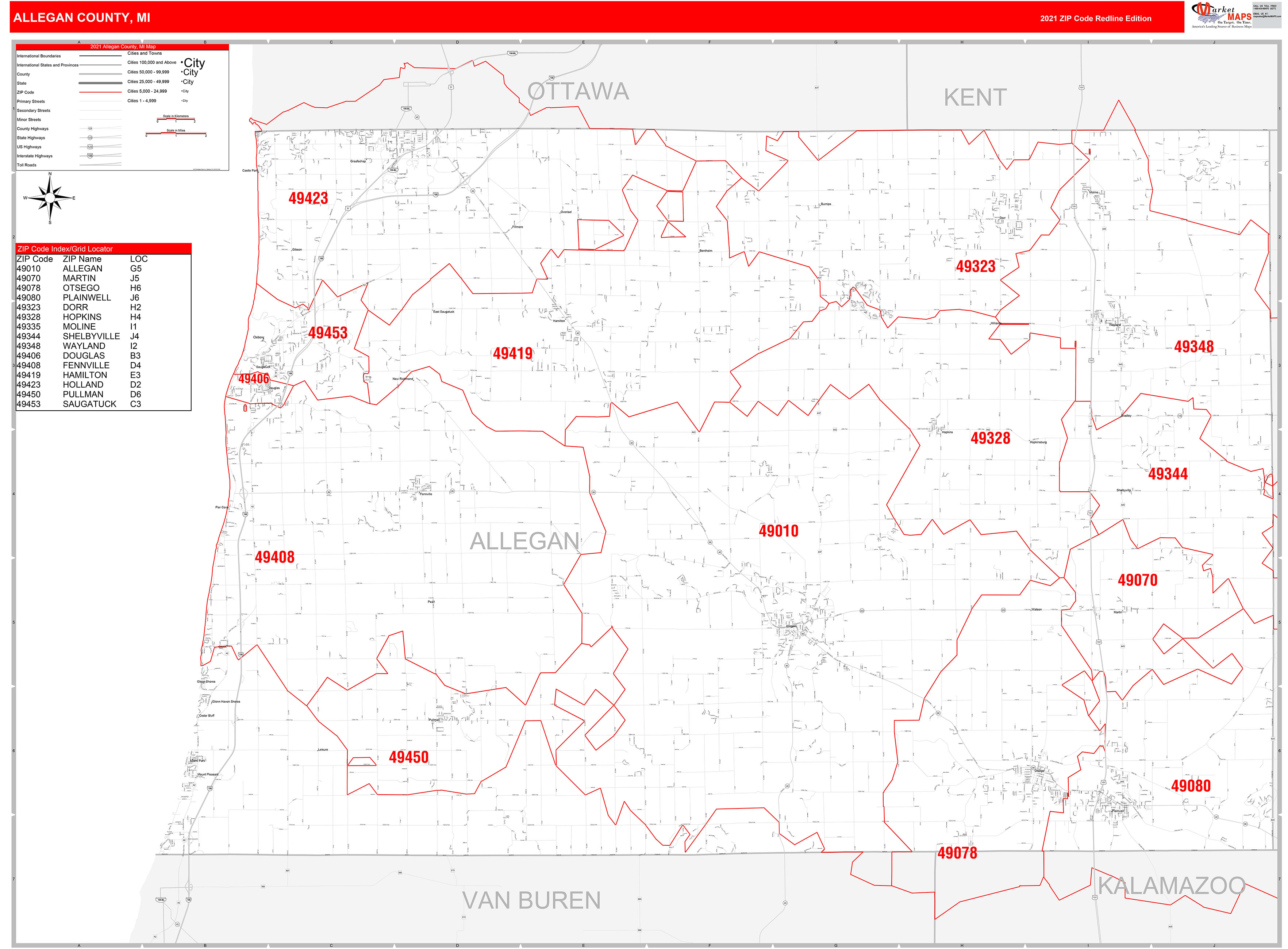 Allegan County, MI Zip Code Wall Map Red Line Style by MarketMAPS
