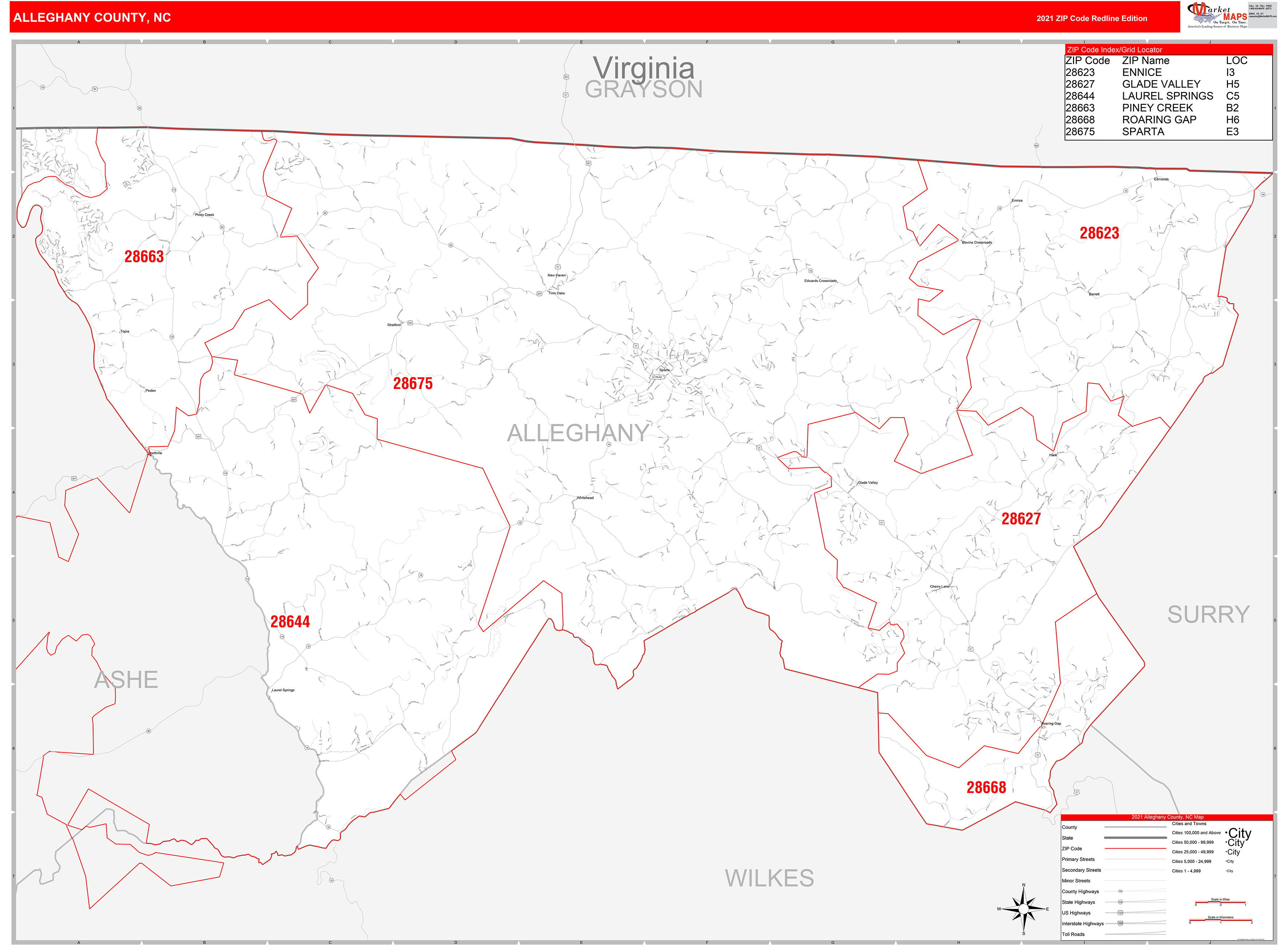 Alleghany County, NC Zip Code Wall Map Red Line Style by MarketMAPS