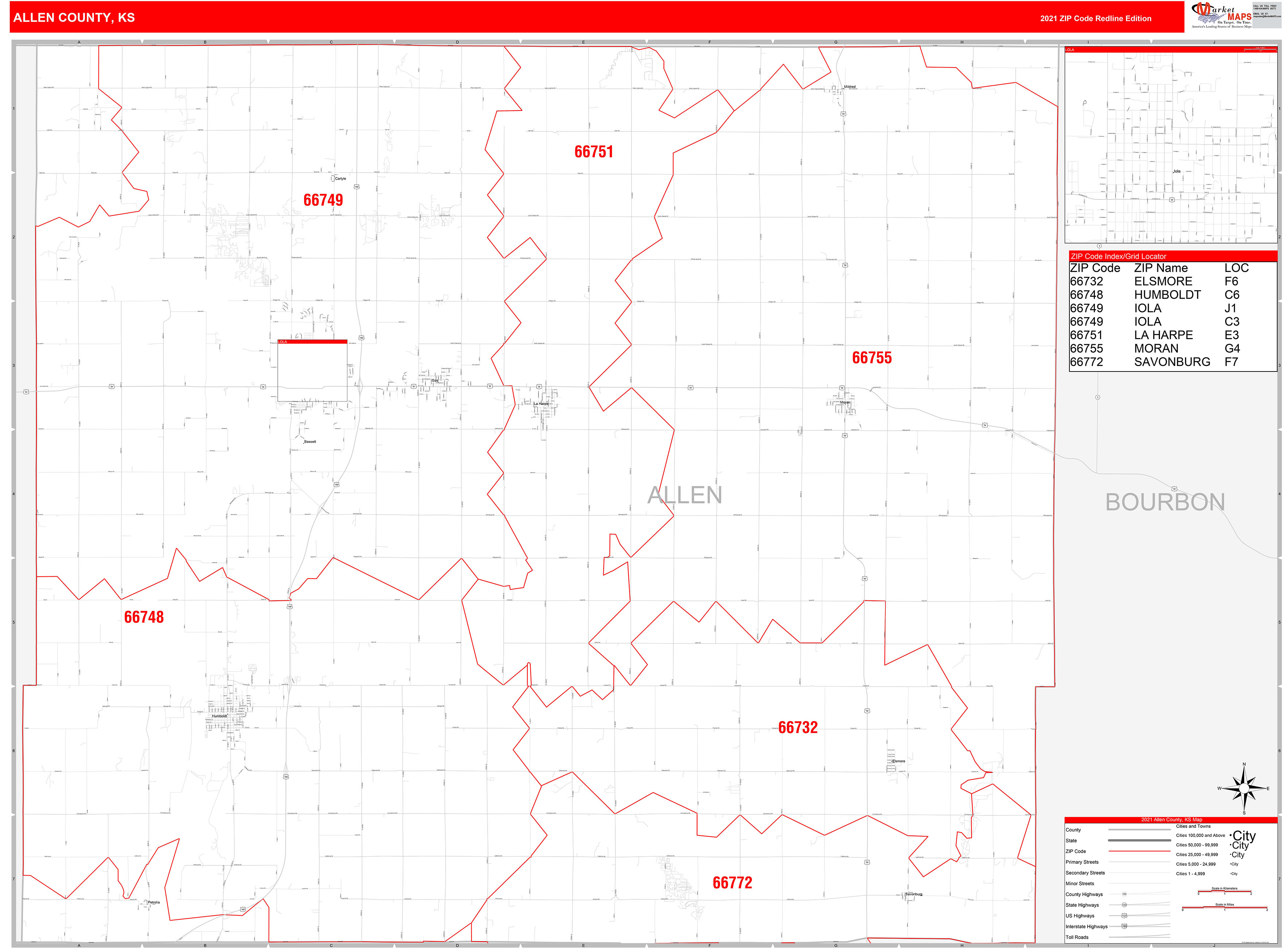 Allen County, KS Zip Code Wall Map Red Line Style by MarketMAPS