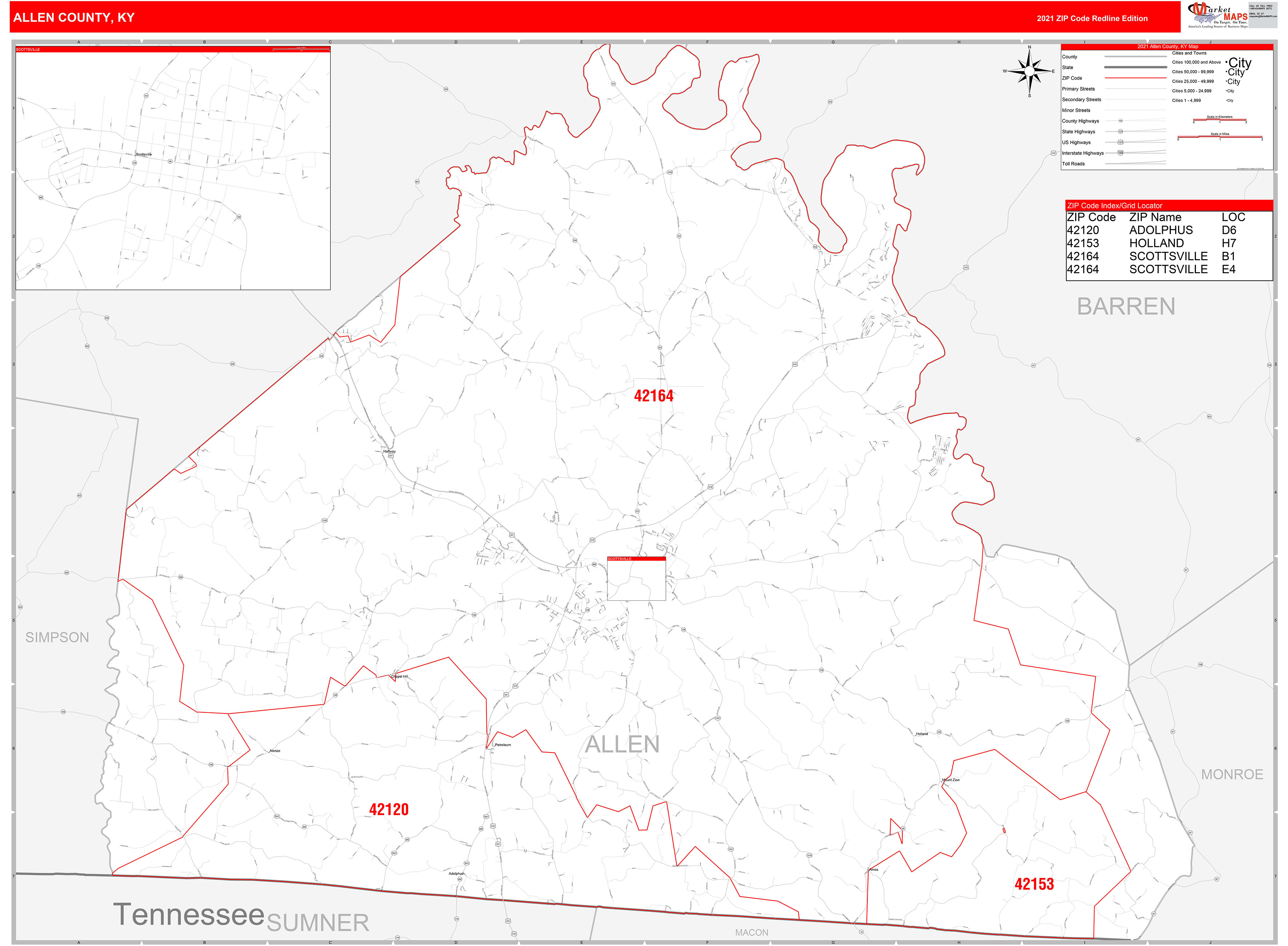 Allen County, KY Zip Code Wall Map Red Line Style by MarketMAPS