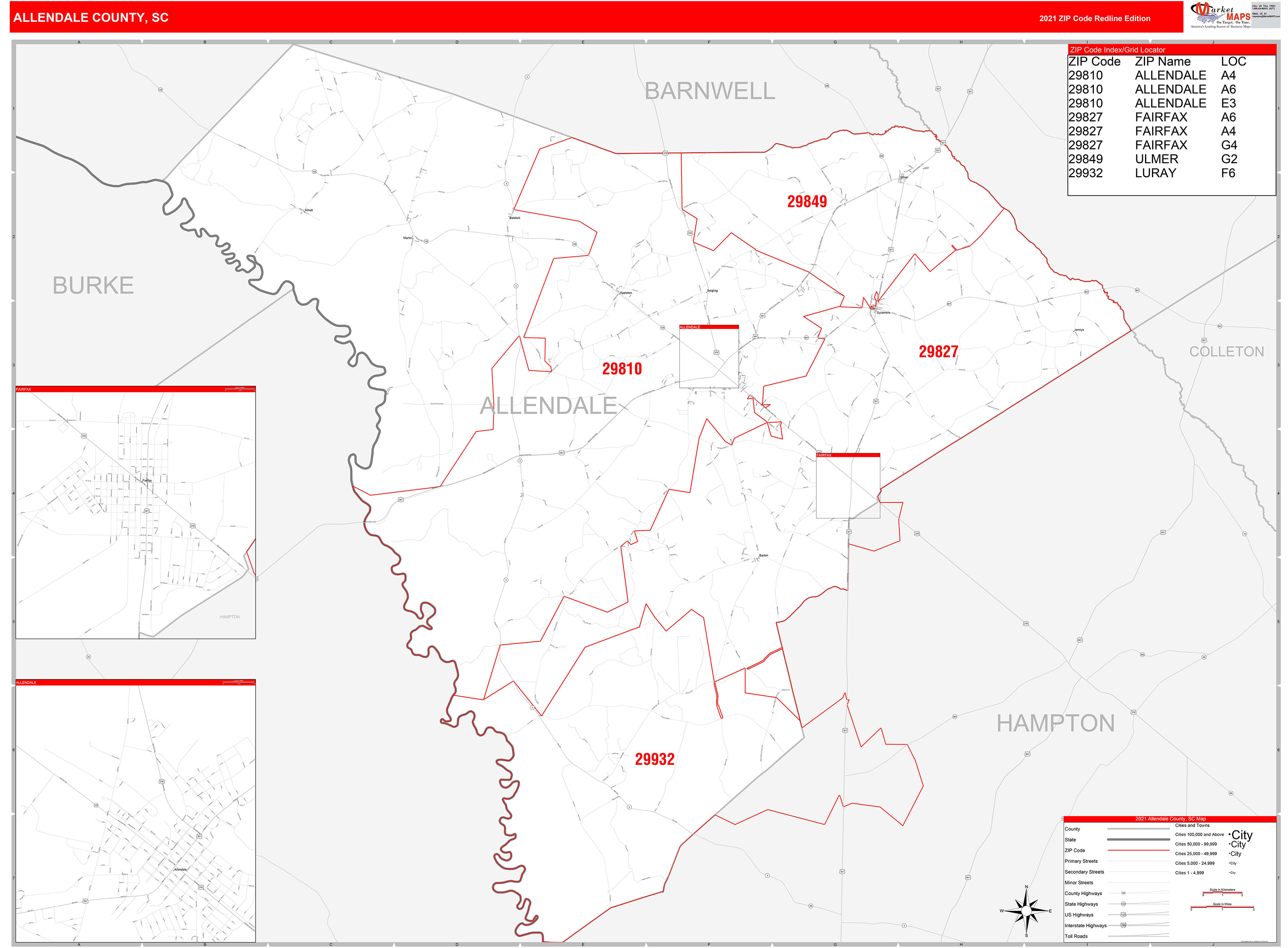 Allendale County, SC Zip Code Wall Map Red Line Style by MarketMAPS