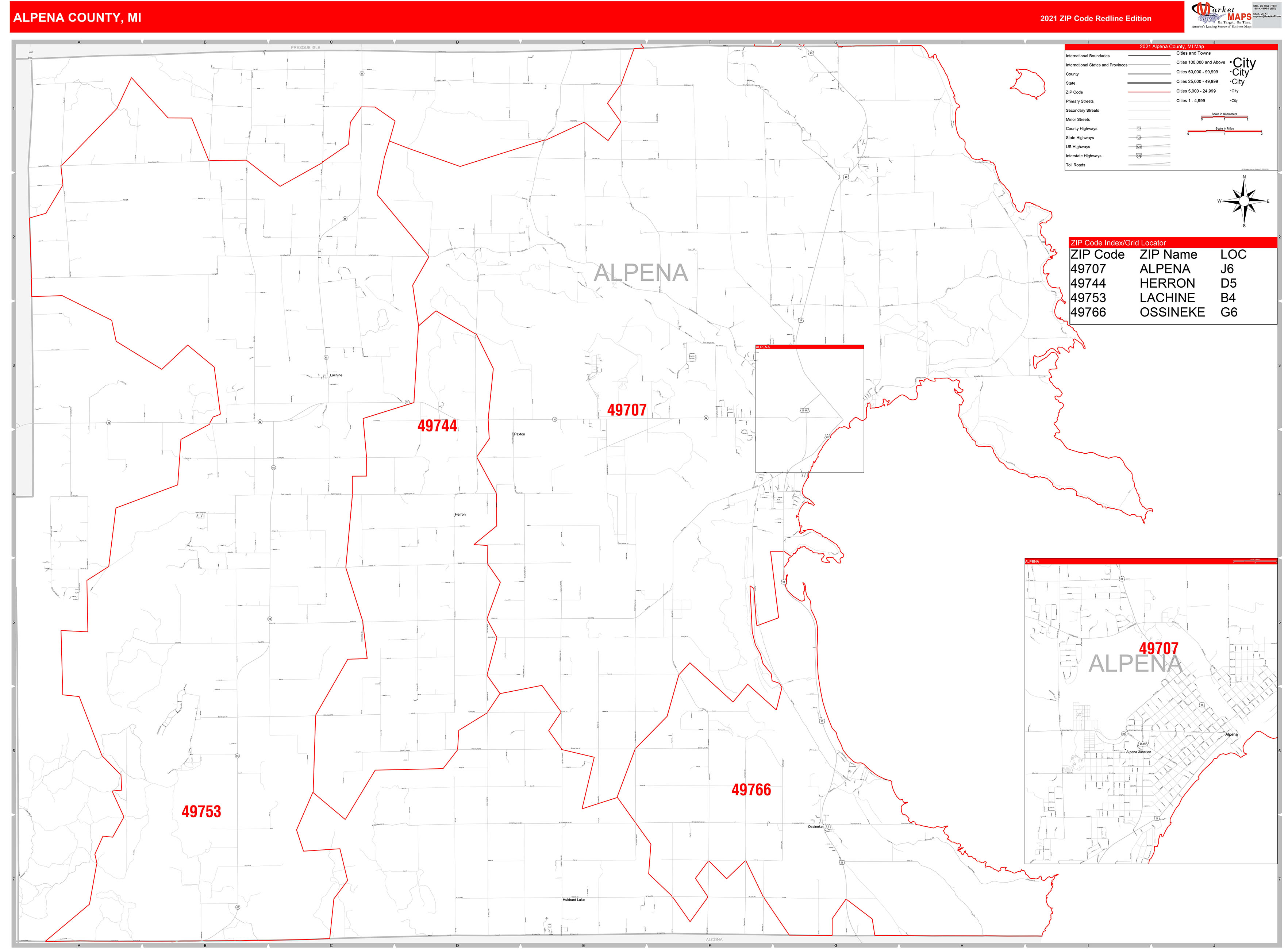 Alpena County, MI Zip Code Wall Map Red Line Style by MarketMAPS