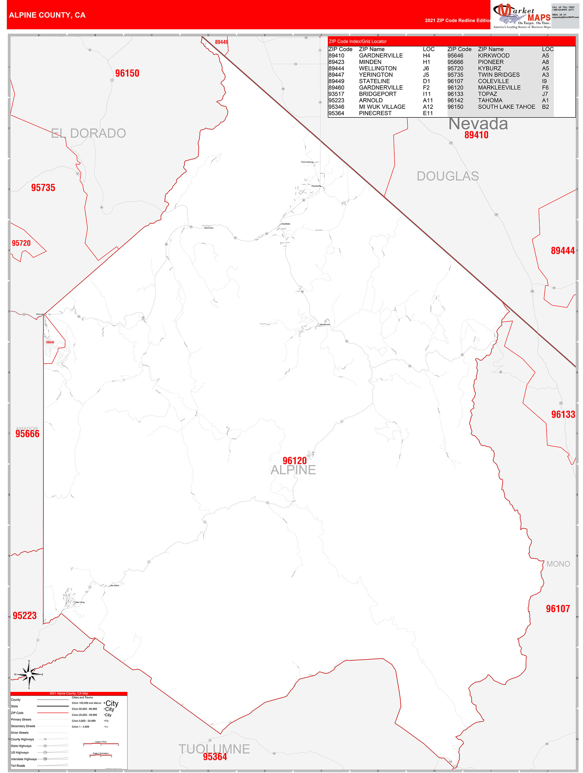 Alpine County, CA Zip Code Wall Map Red Line Style by MarketMAPS