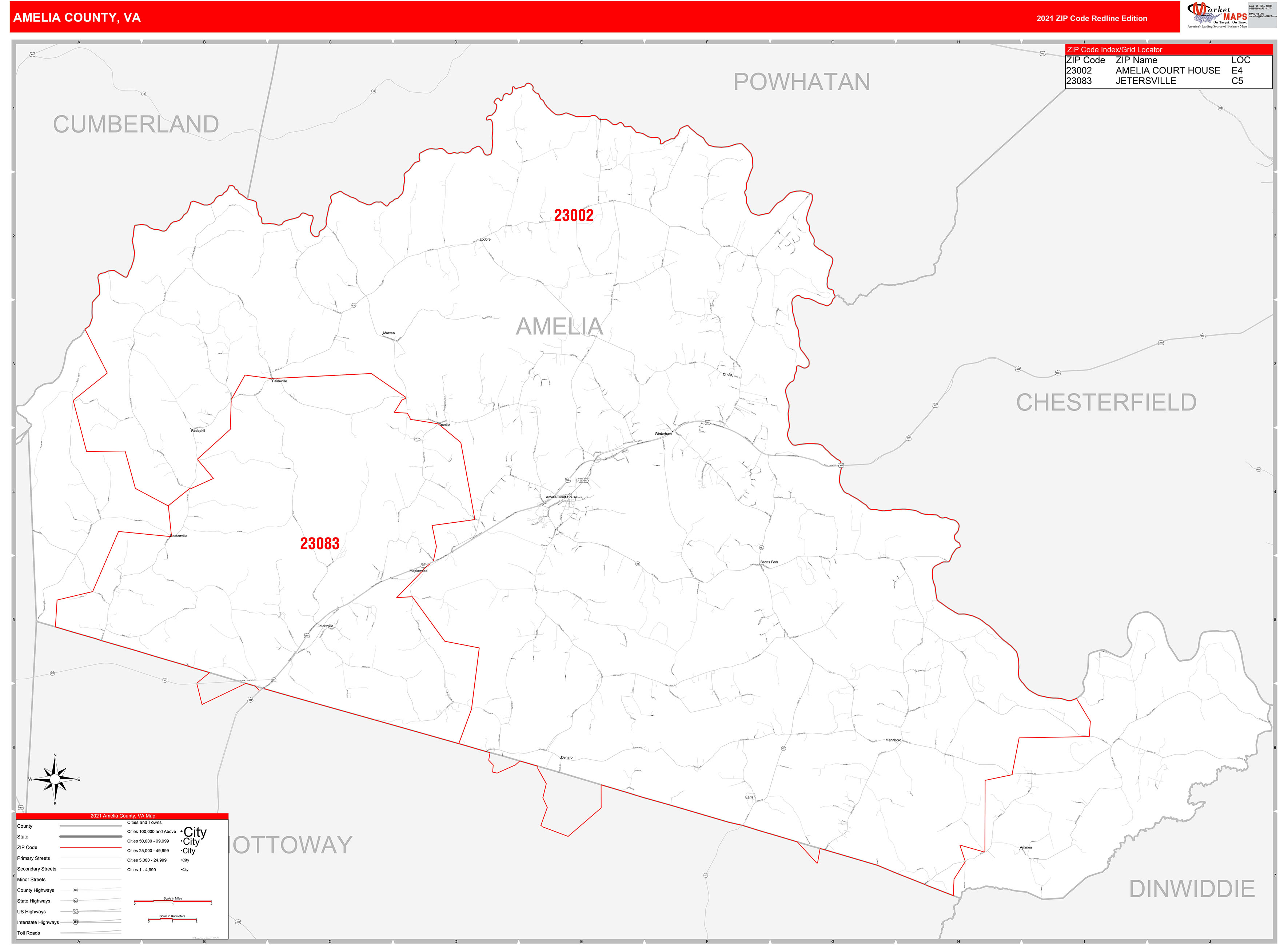 Amelia County, VA Zip Code Wall Map Red Line Style by MarketMAPS