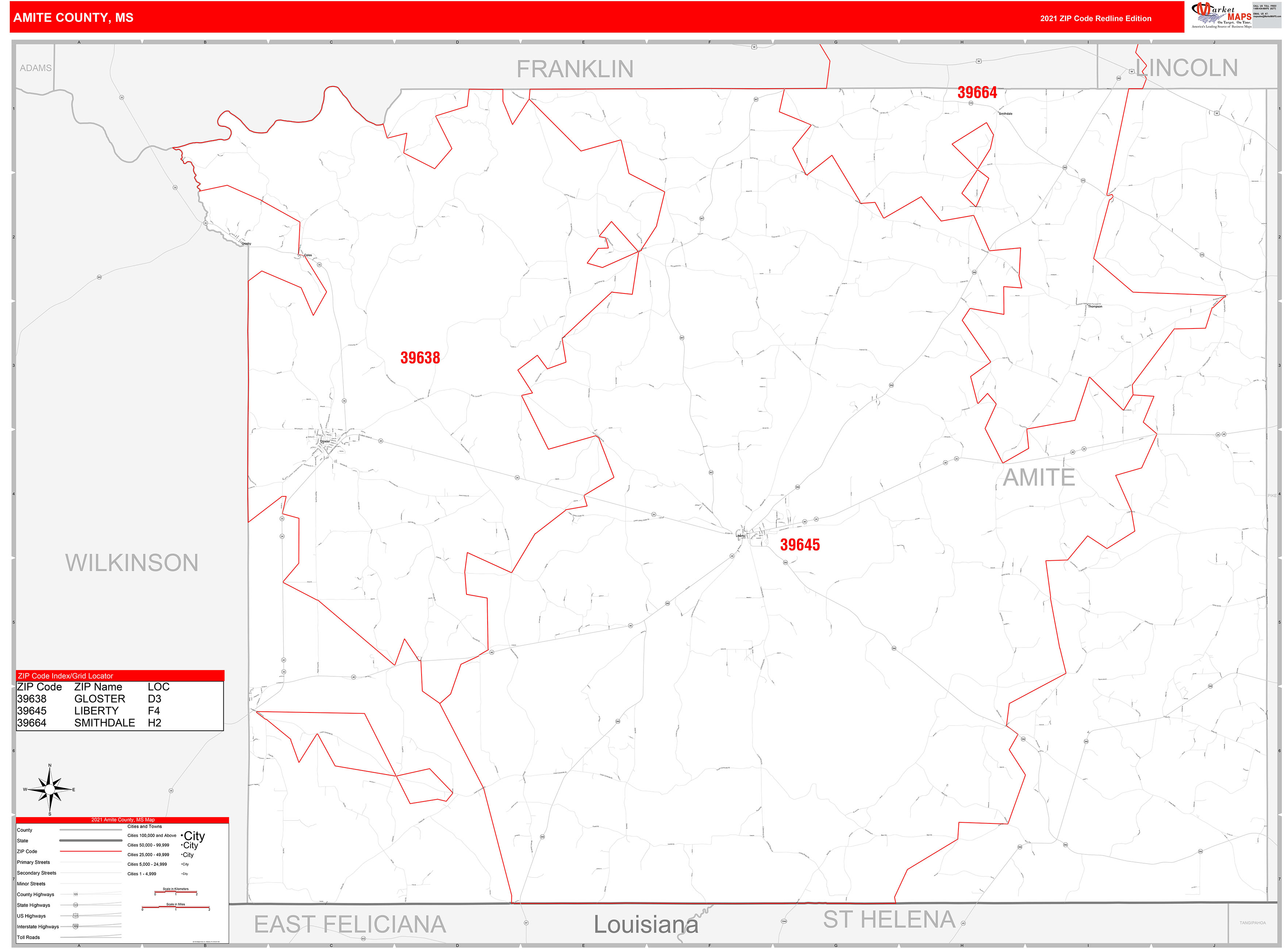 Amite County, MS Zip Code Wall Map Red Line Style by MarketMAPS