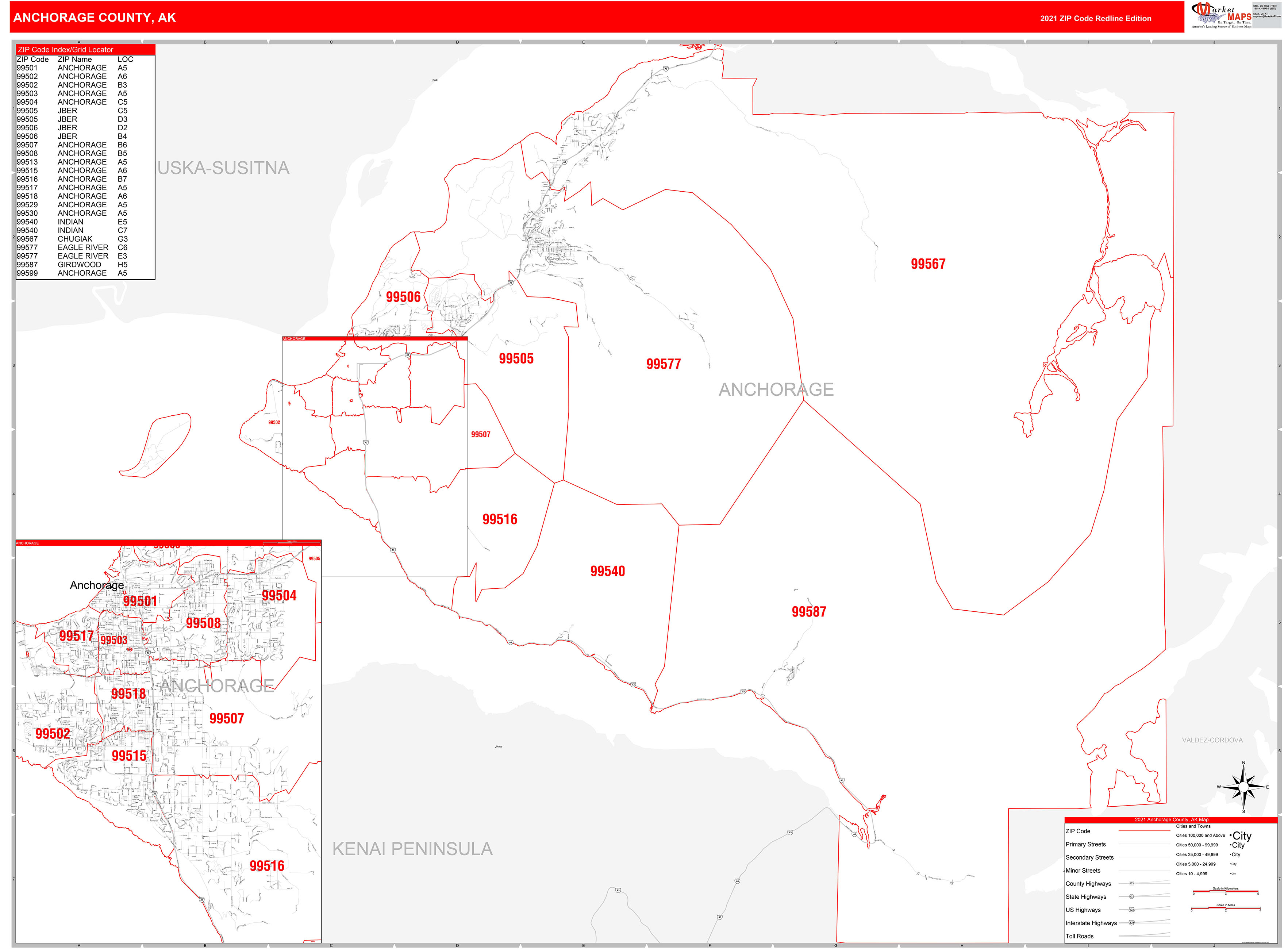 Anchorage County, AK Zip Code Wall Map Red Line Style by MarketMAPS
