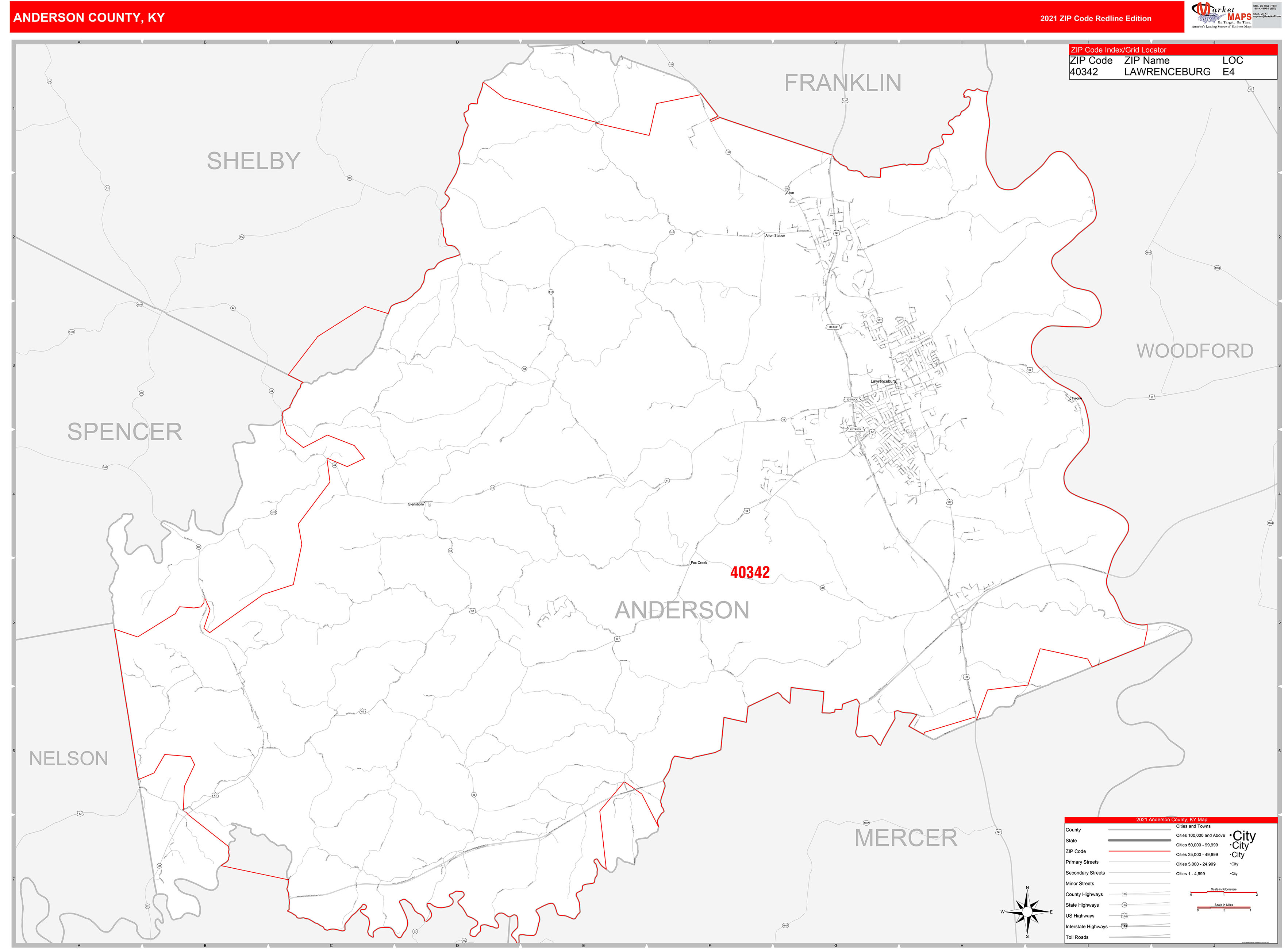 Anderson County, KY Zip Code Wall Map Red Line Style by MarketMAPS