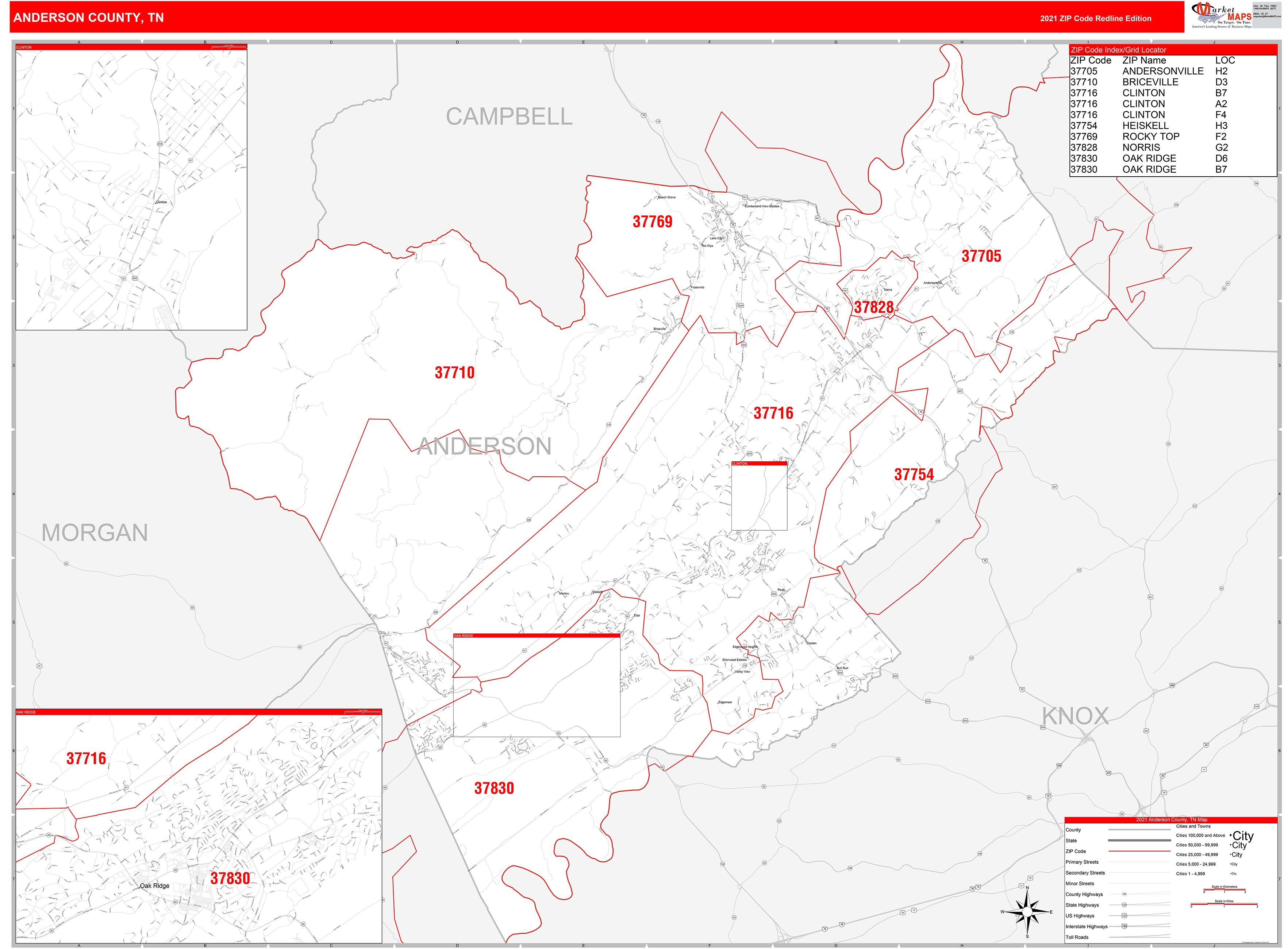 Anderson County, TN Zip Code Wall Map Red Line Style by MarketMAPS