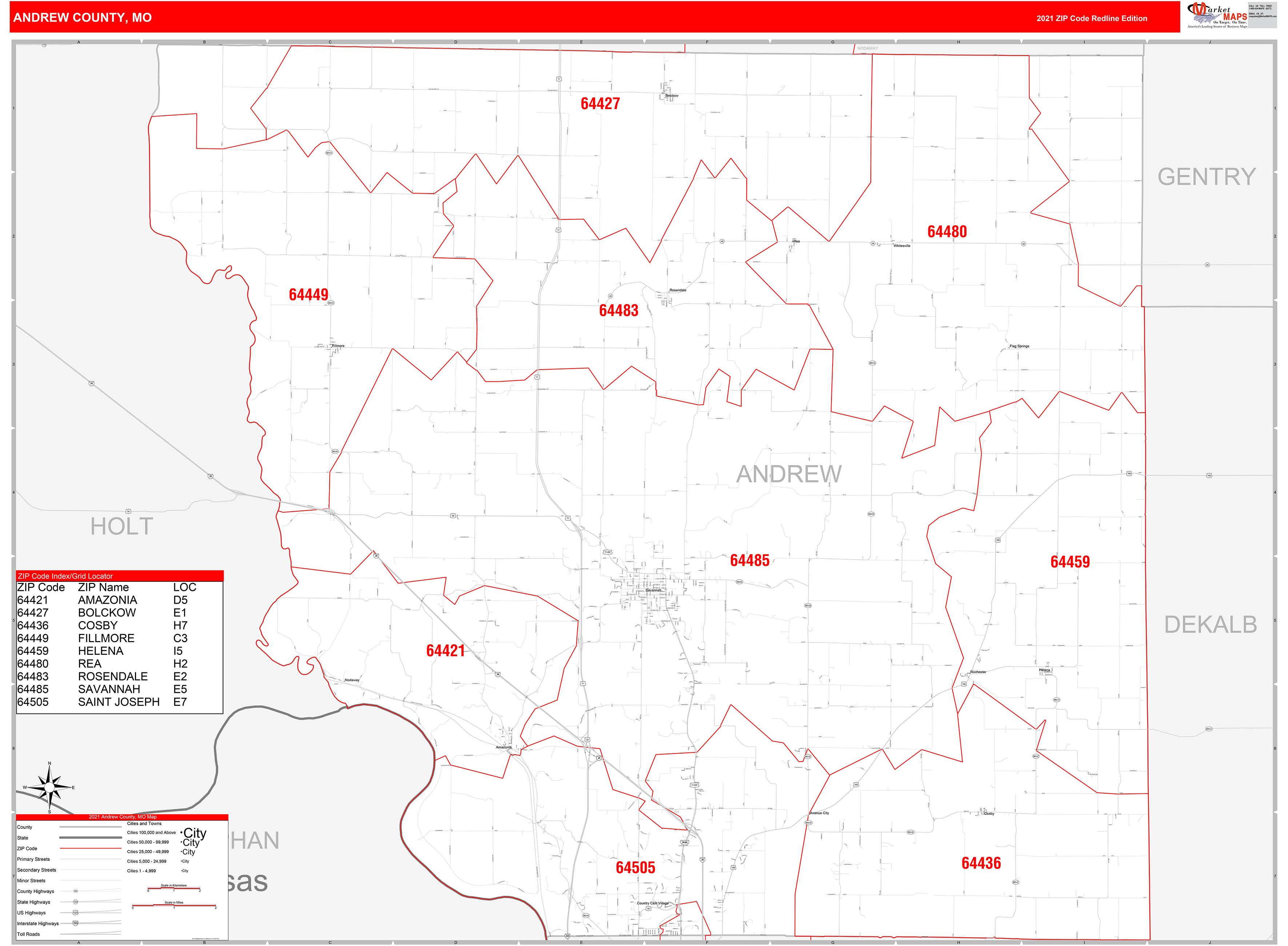 Andrew County, MO Zip Code Wall Map Red Line Style by MarketMAPS