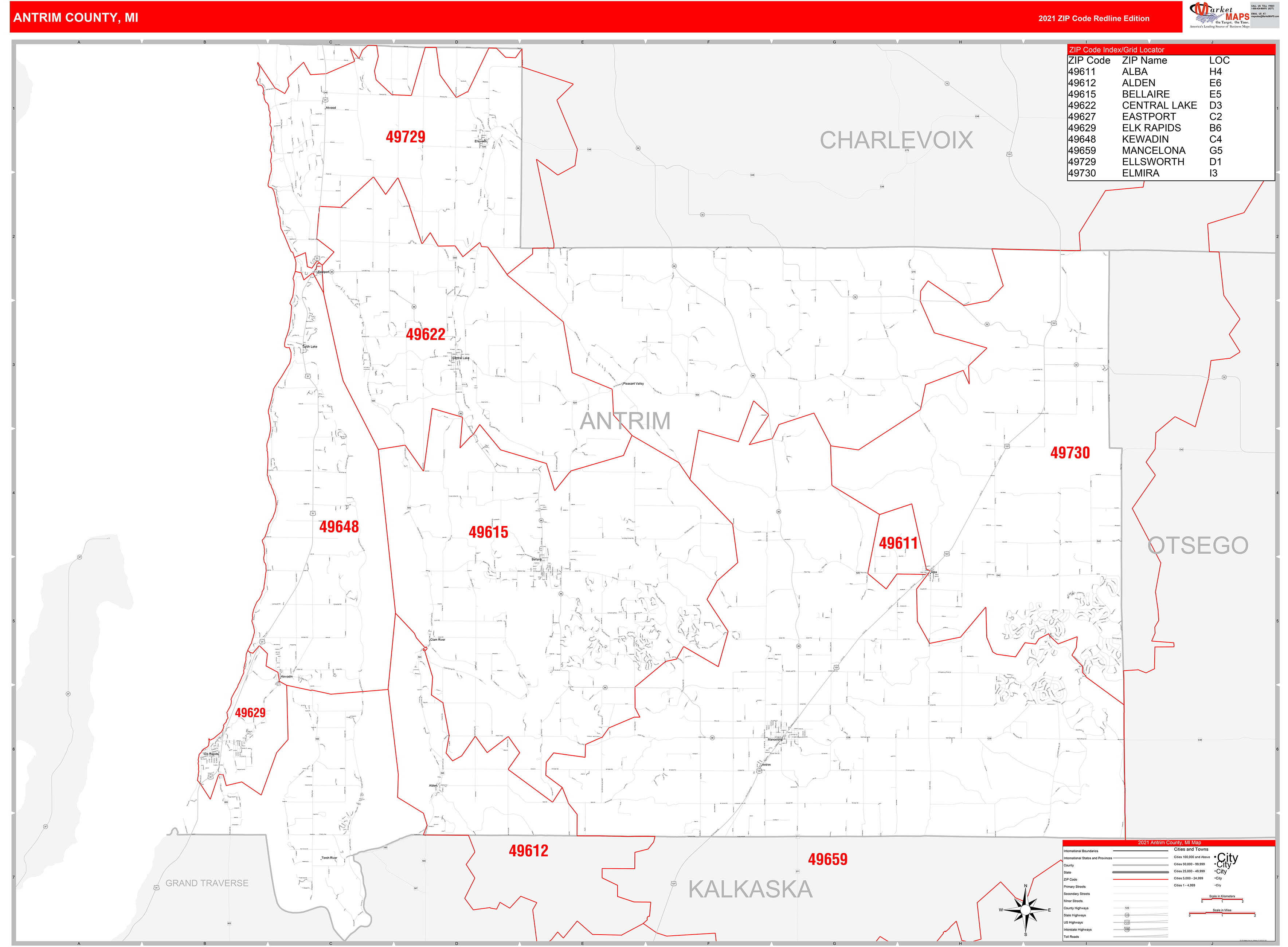 Antrim County, MI Zip Code Wall Map Red Line Style by MarketMAPS MapSales