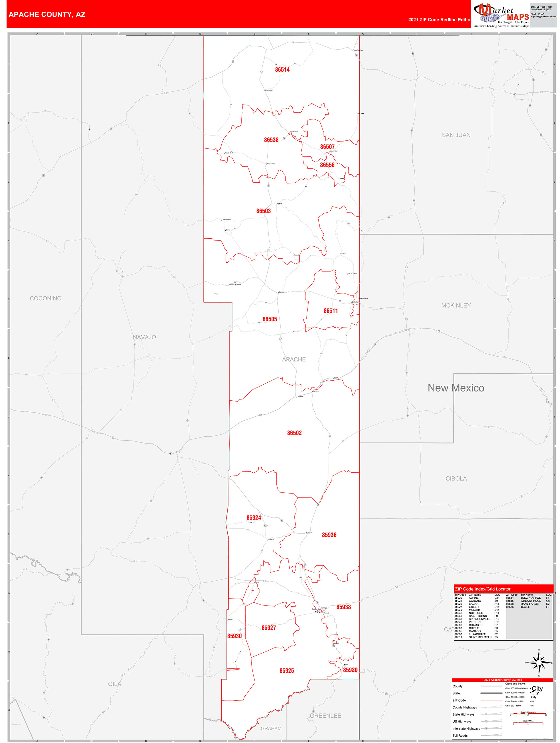 Apache County, AZ Zip Code Wall Map Red Line Style by MarketMAPS - MapSales