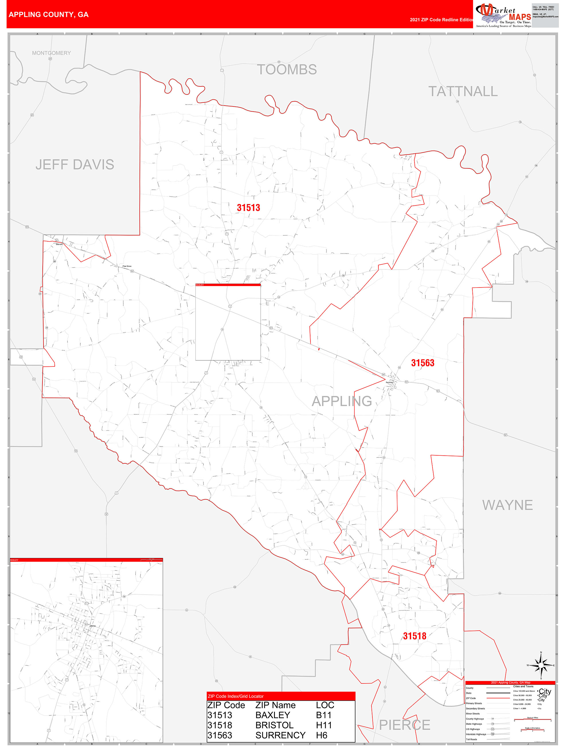 Appling County, GA Zip Code Wall Map Red Line Style by MarketMAPS