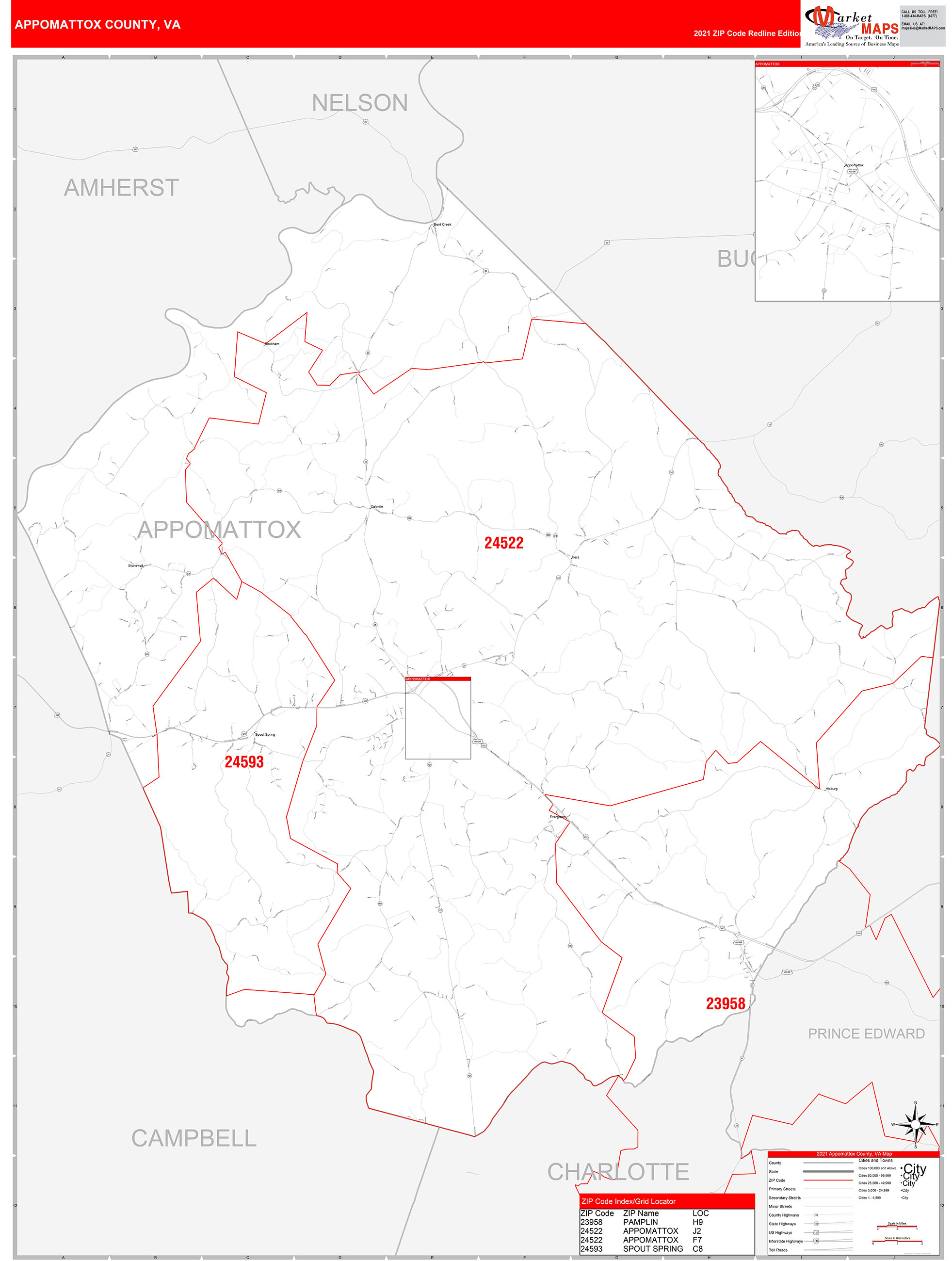 Appomattox County, VA Zip Code Wall Map Red Line Style by MarketMAPS MapSales