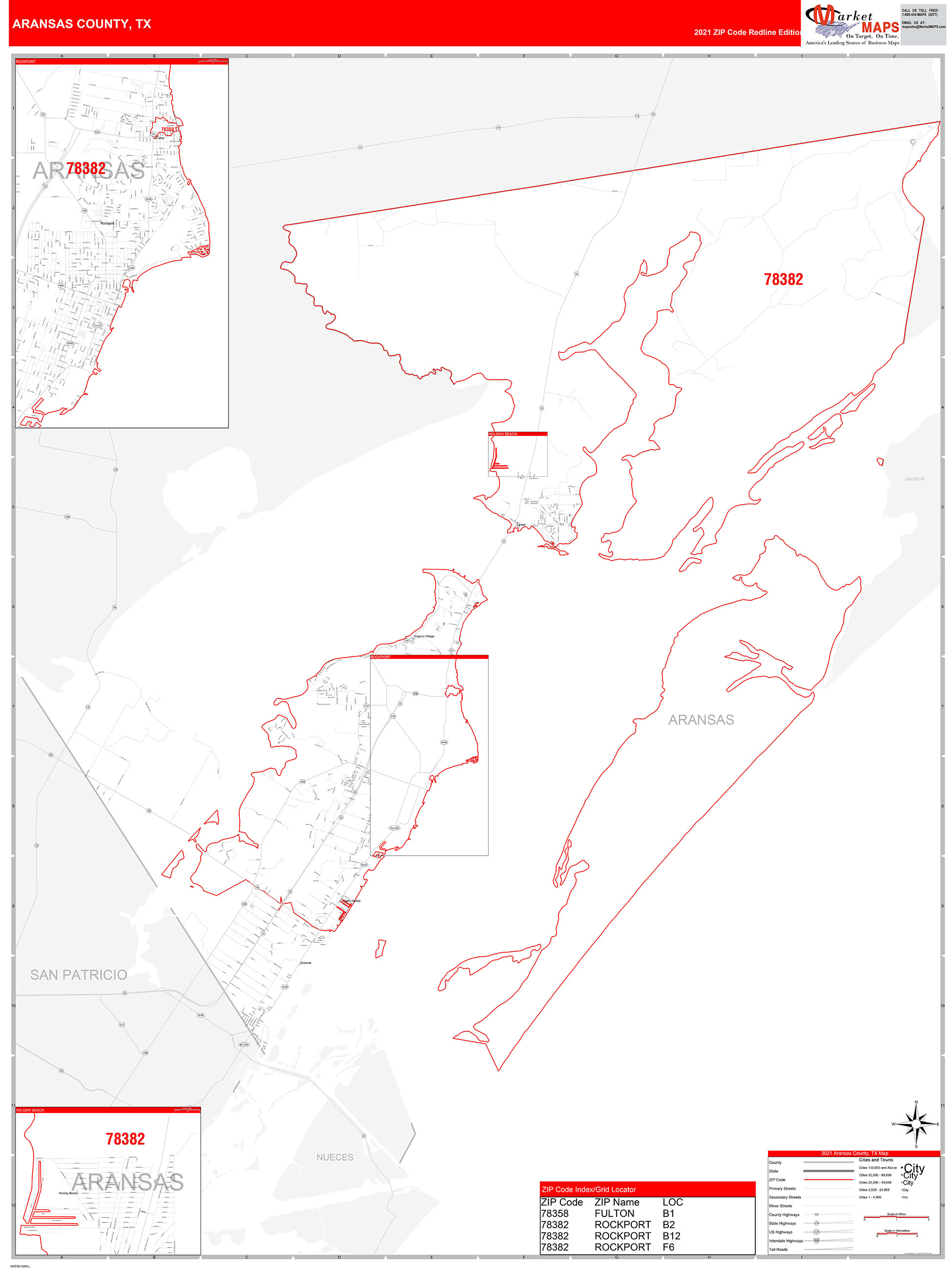 Aransas County, TX Zip Code Wall Map Red Line Style by MarketMAPS