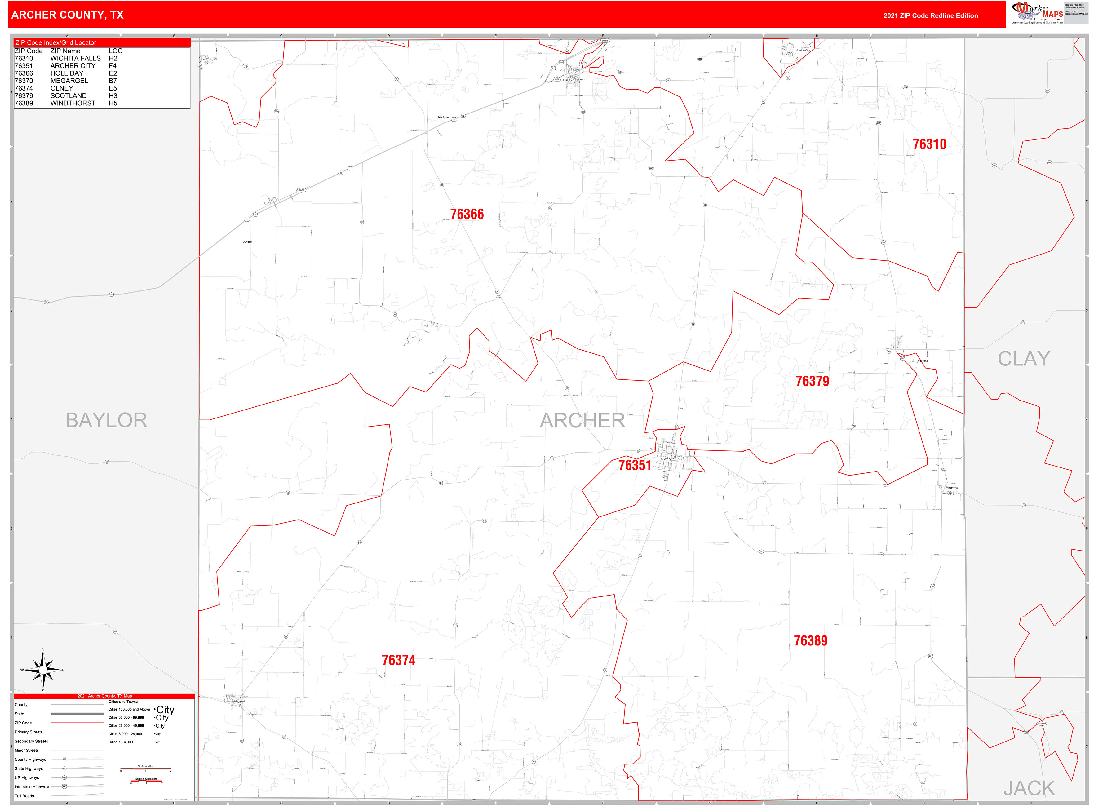 Archer County, TX Zip Code Wall Map Red Line Style by MarketMAPS MapSales