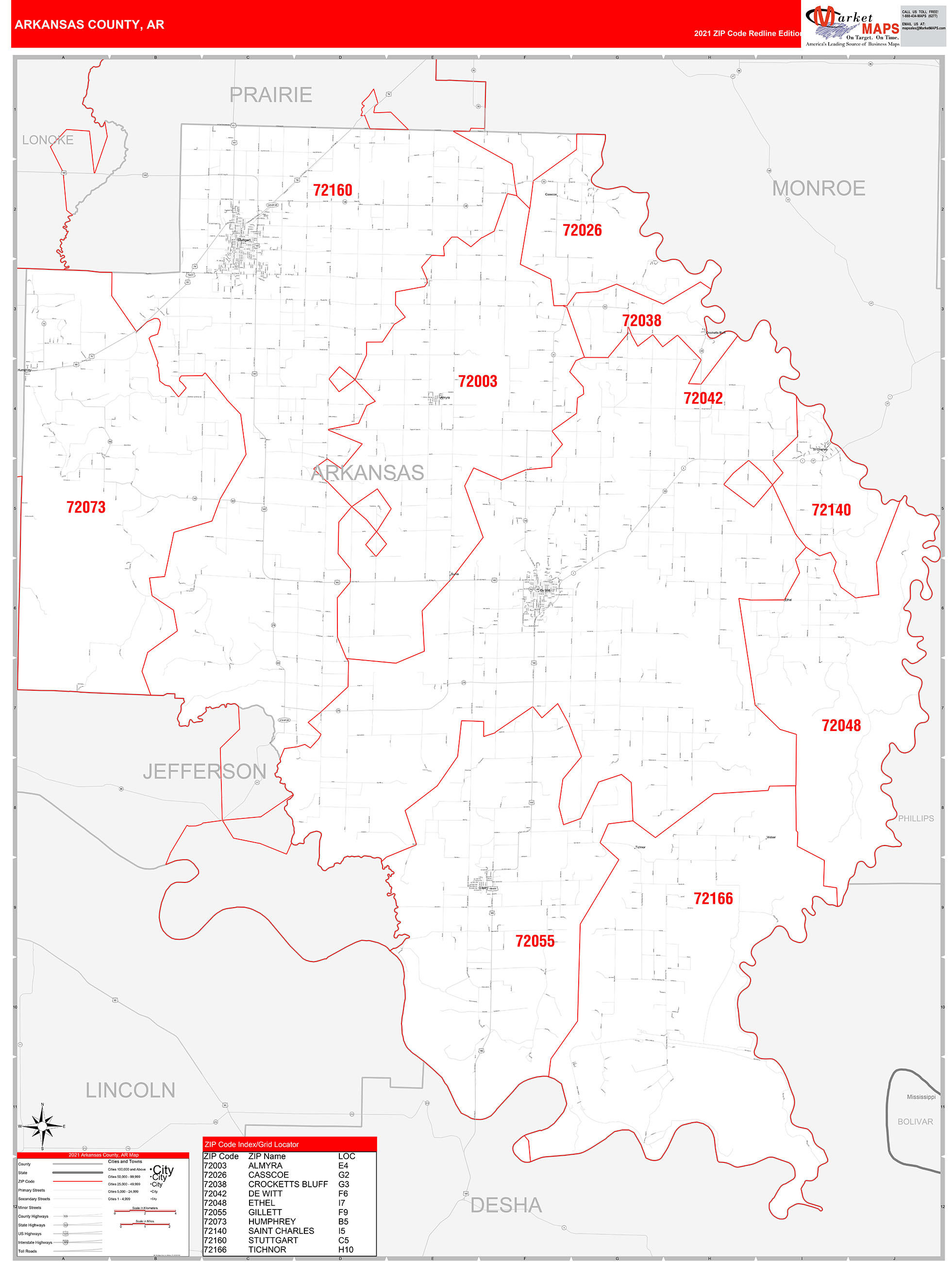 Arkansas County, AR Zip Code Wall Map Red Line Style by MarketMAPS
