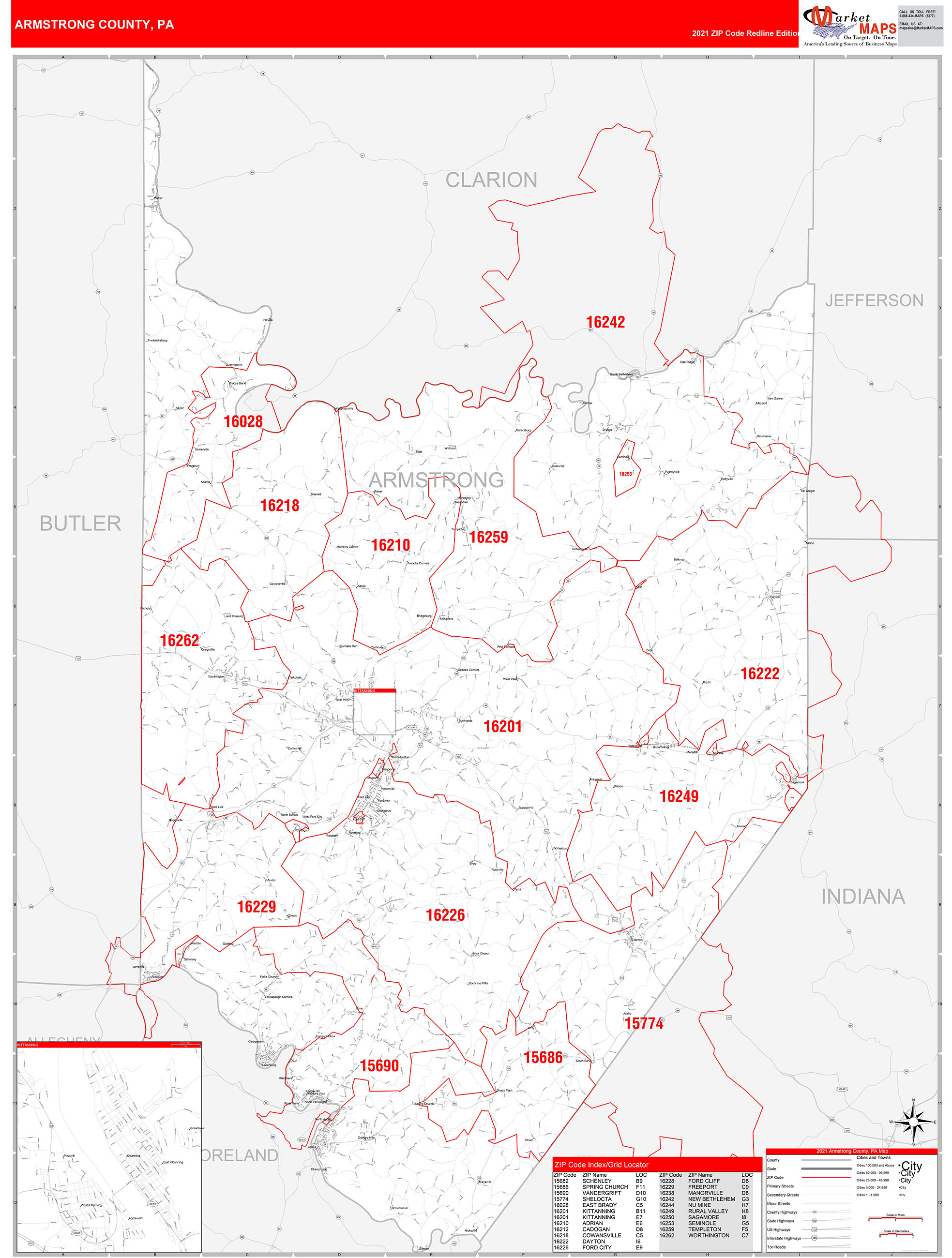 Armstrong County, PA Zip Code Wall Map Red Line Style by MarketMAPS