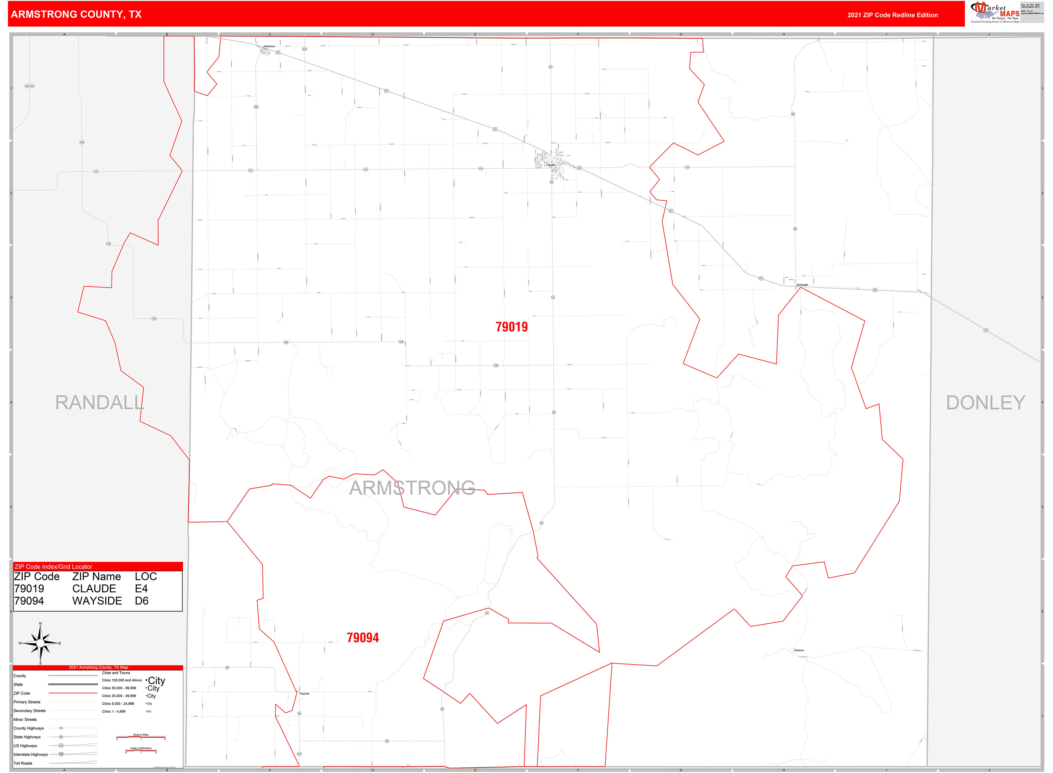 Armstrong County, TX Zip Code Wall Map Red Line Style by MarketMAPS MapSales