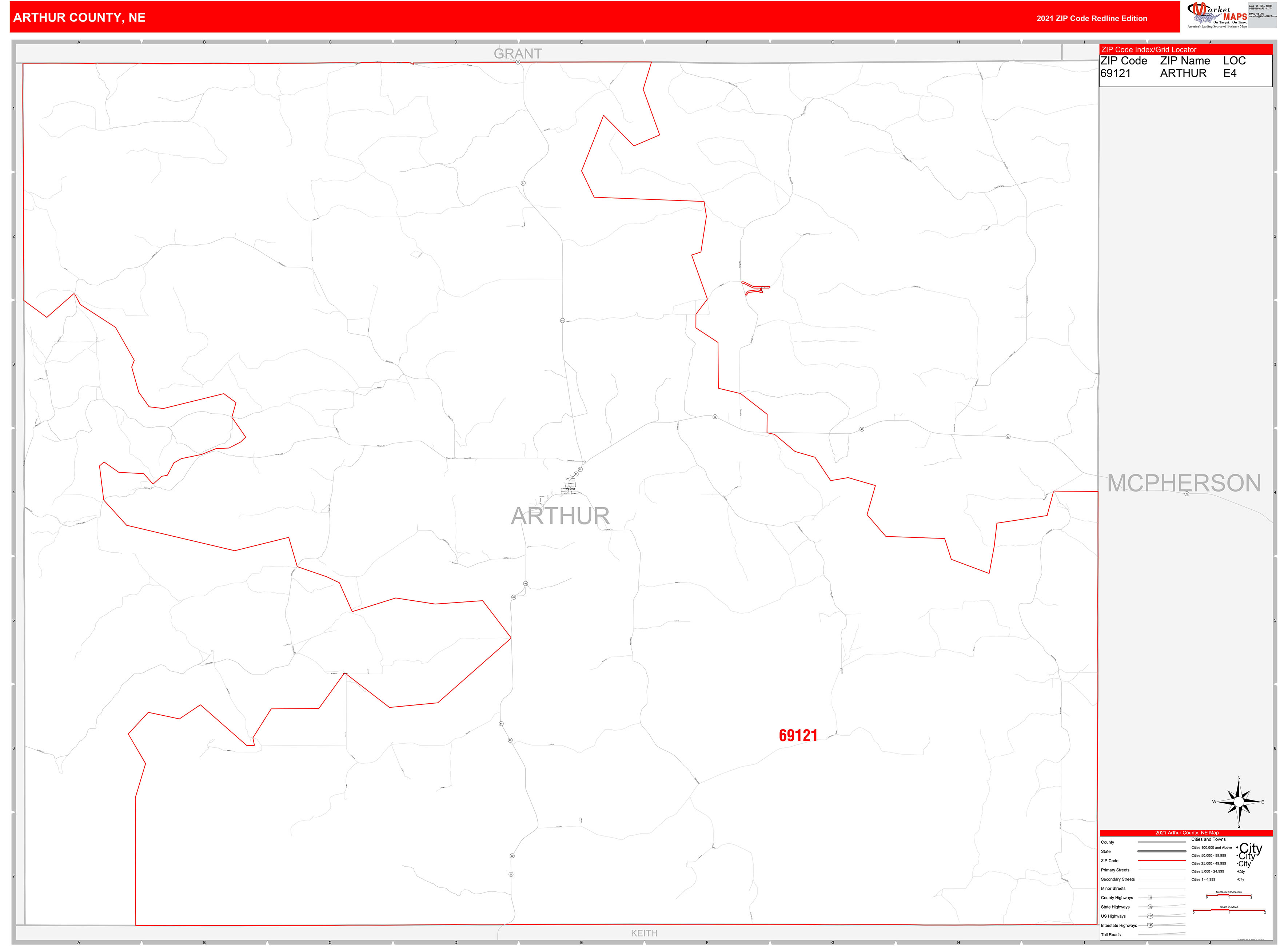 Arthur County, NE Zip Code Wall Map Red Line Style by MarketMAPS