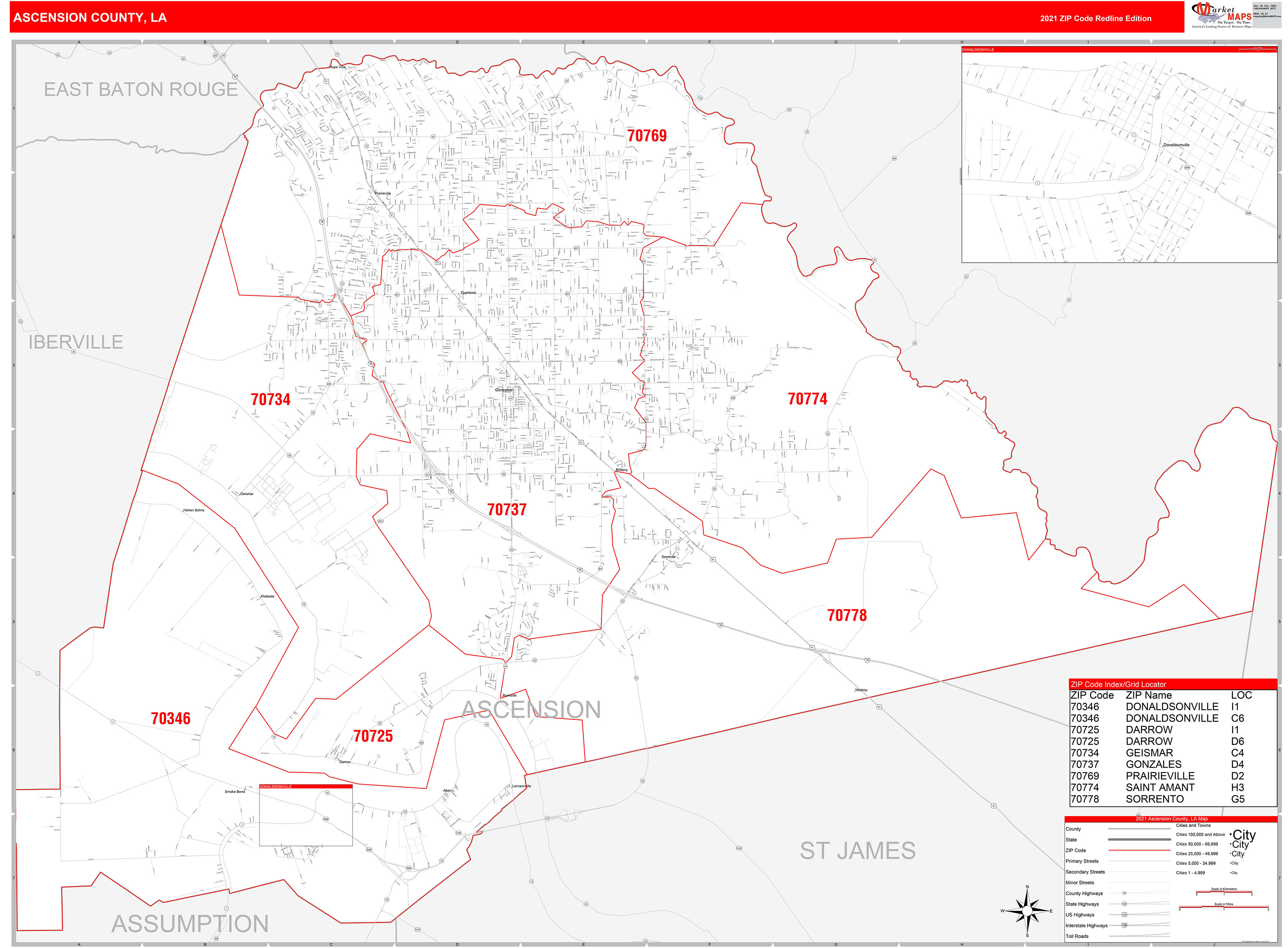 Ascension County, LA Zip Code Wall Map Red Line Style by MarketMAPS