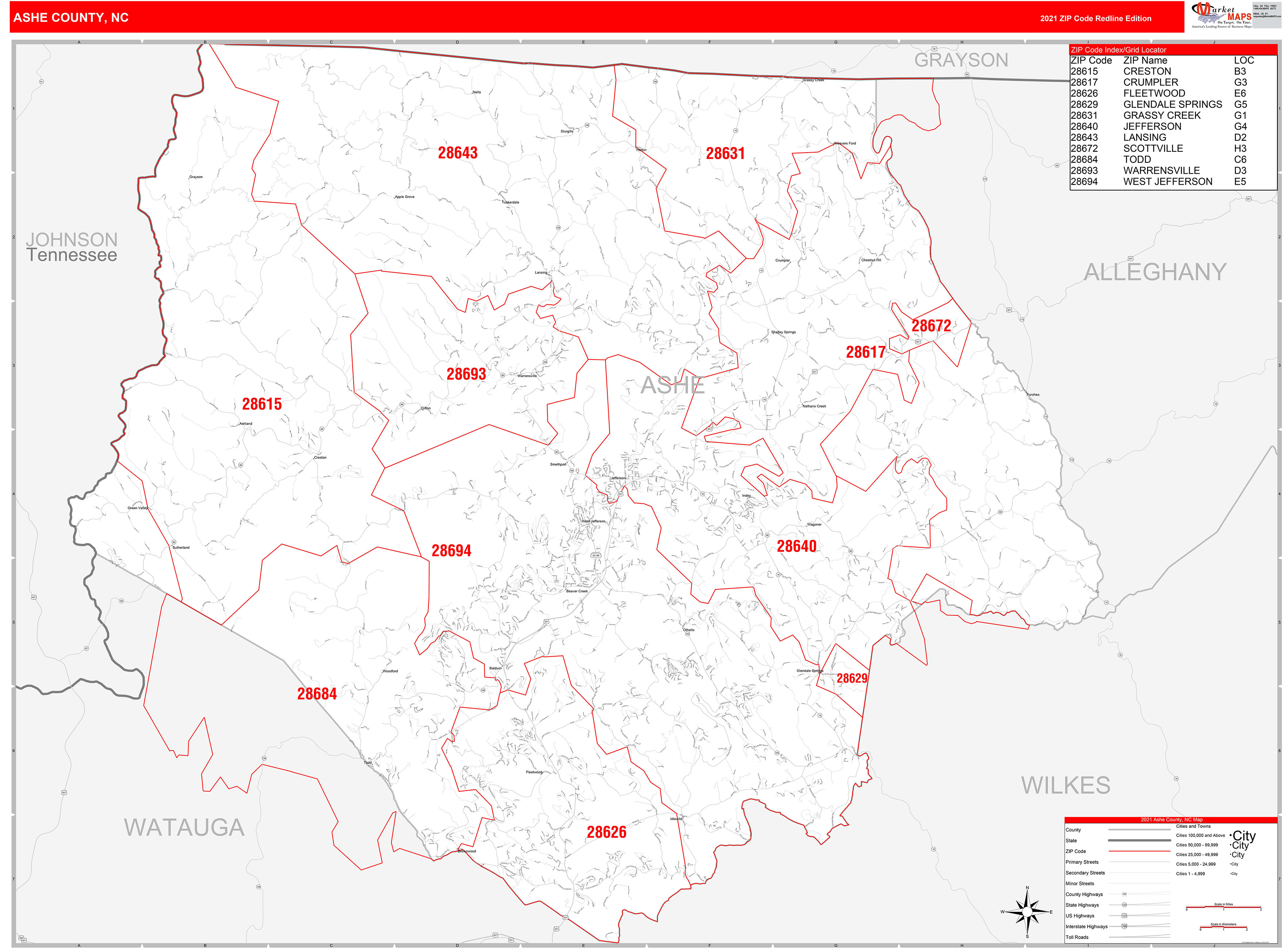 Ashe County, NC Zip Code Wall Map Red Line Style by MarketMAPS