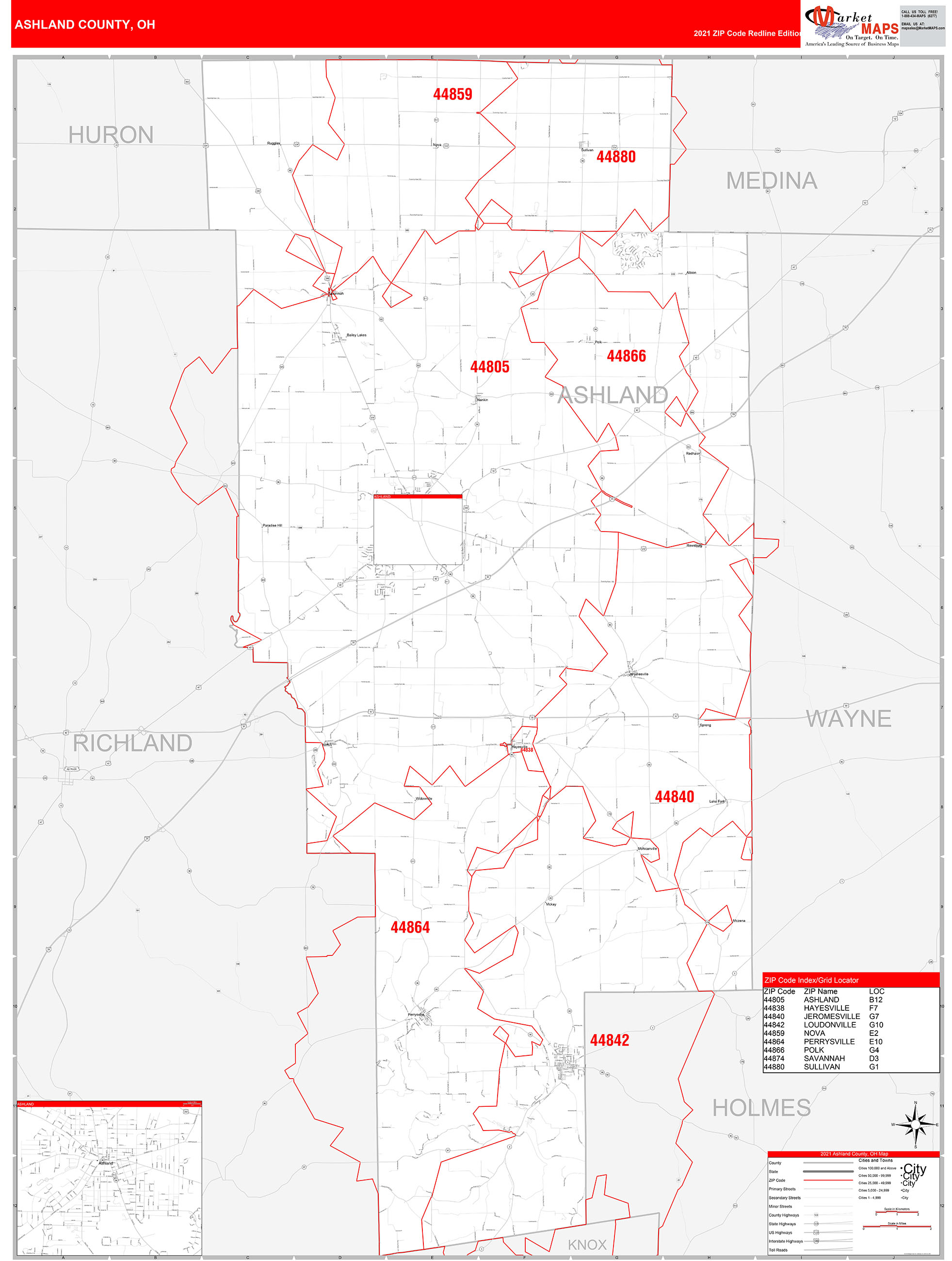 Ashland County, OH Zip Code Wall Map Red Line Style by MarketMAPS
