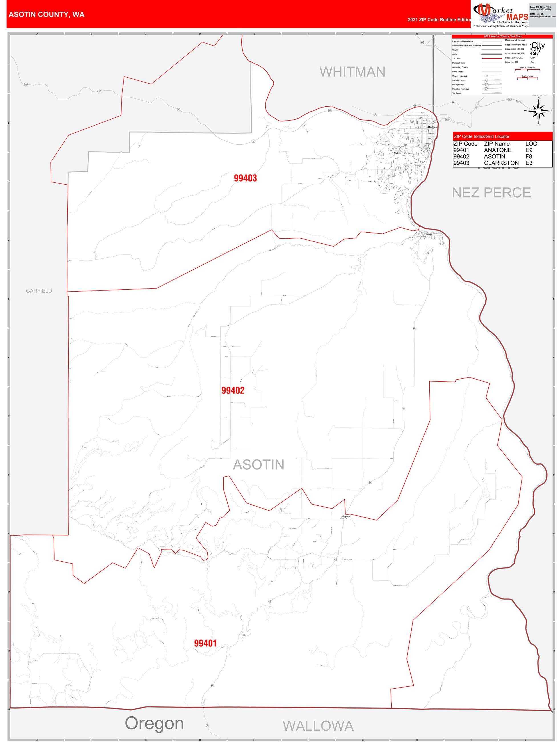 Asotin County, WA Zip Code Wall Map Red Line Style by MarketMAPS MapSales