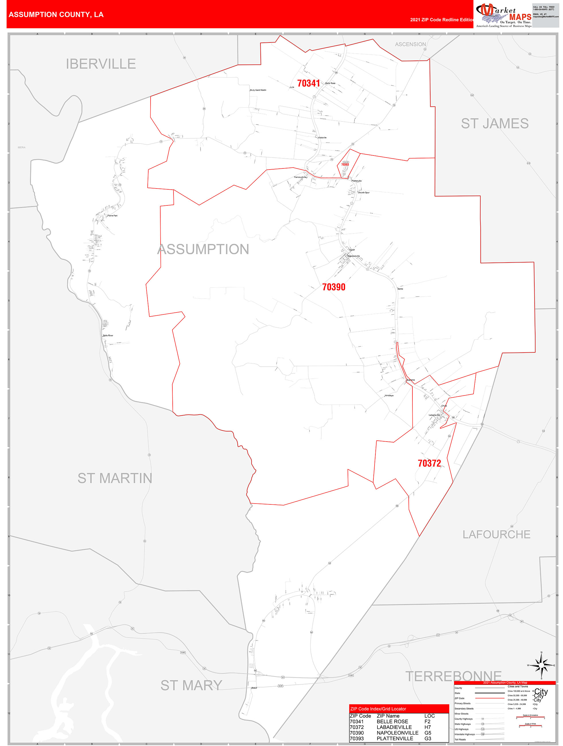 Assumption County, LA Zip Code Wall Map Red Line Style by MarketMAPS
