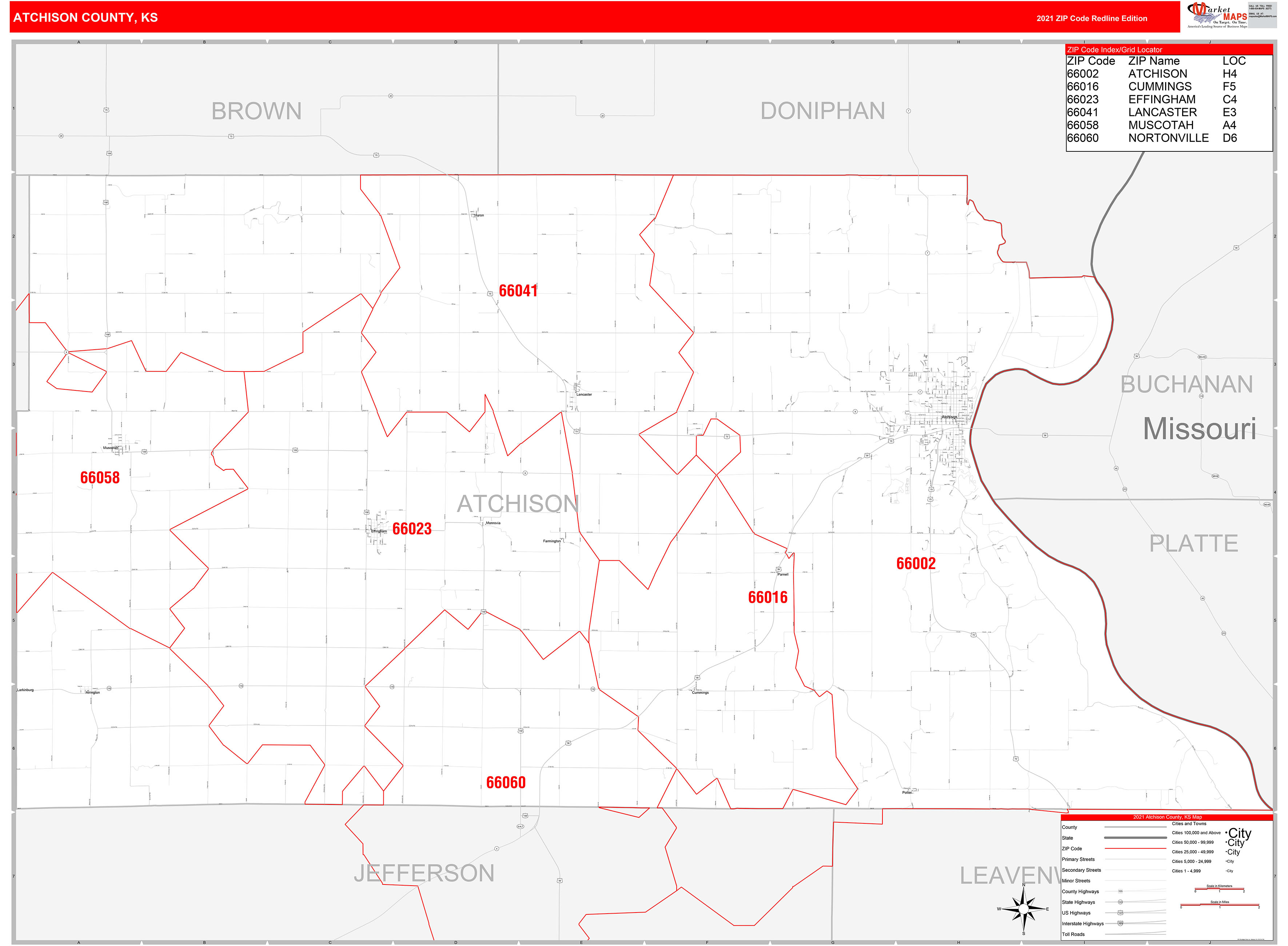 Atchison County, KS Zip Code Wall Map Red Line Style by MarketMAPS