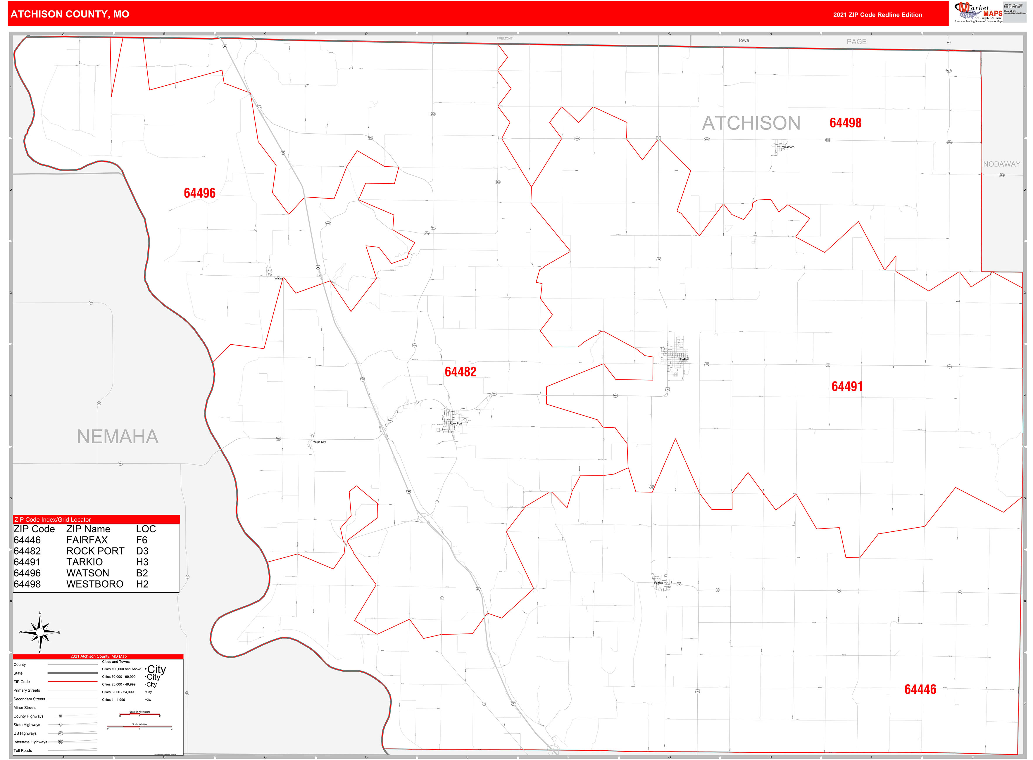 Atchison County, MO Zip Code Wall Map Red Line Style by MarketMAPS