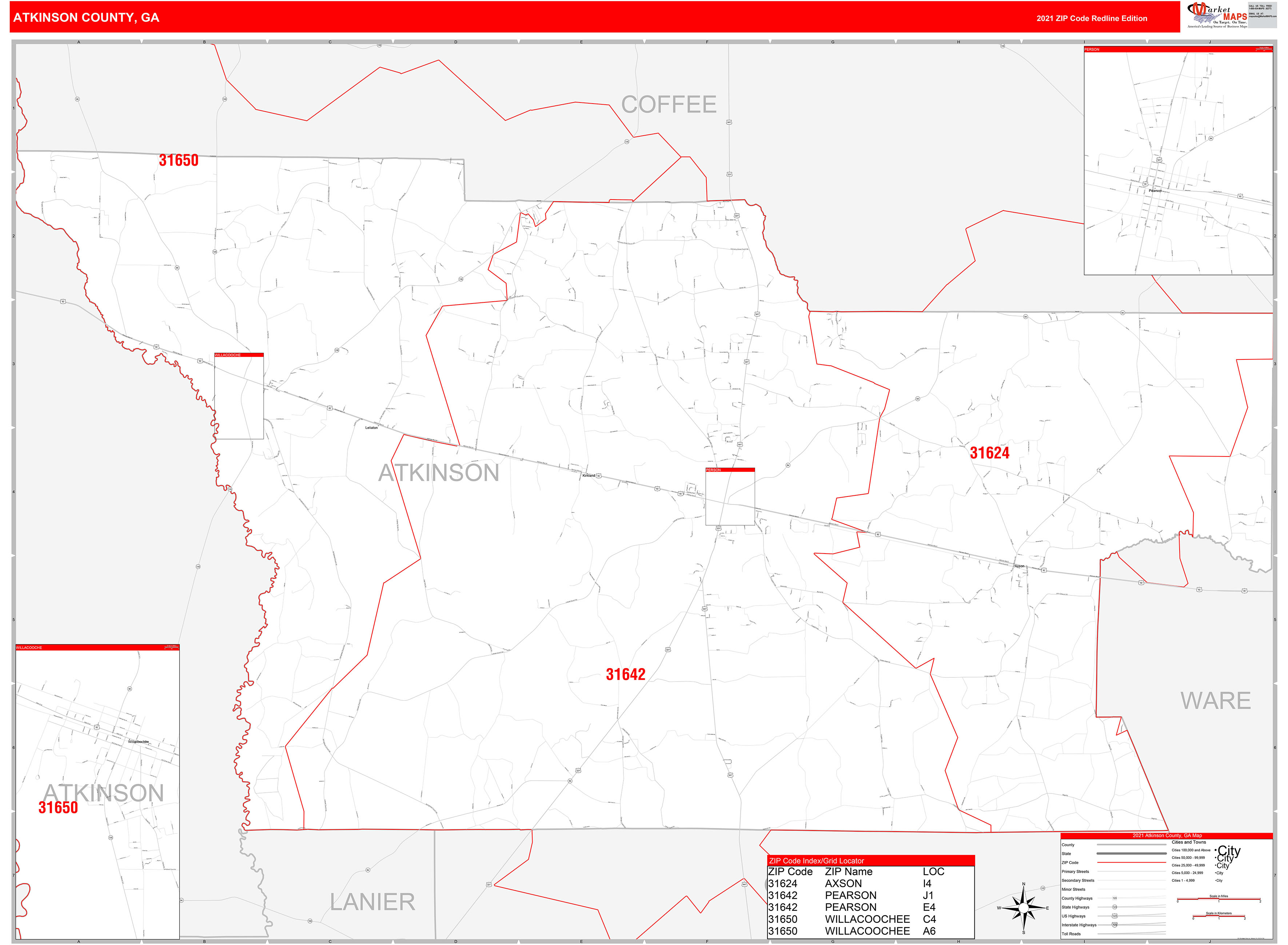 Atkinson County, GA Zip Code Wall Map Red Line Style by MarketMAPS