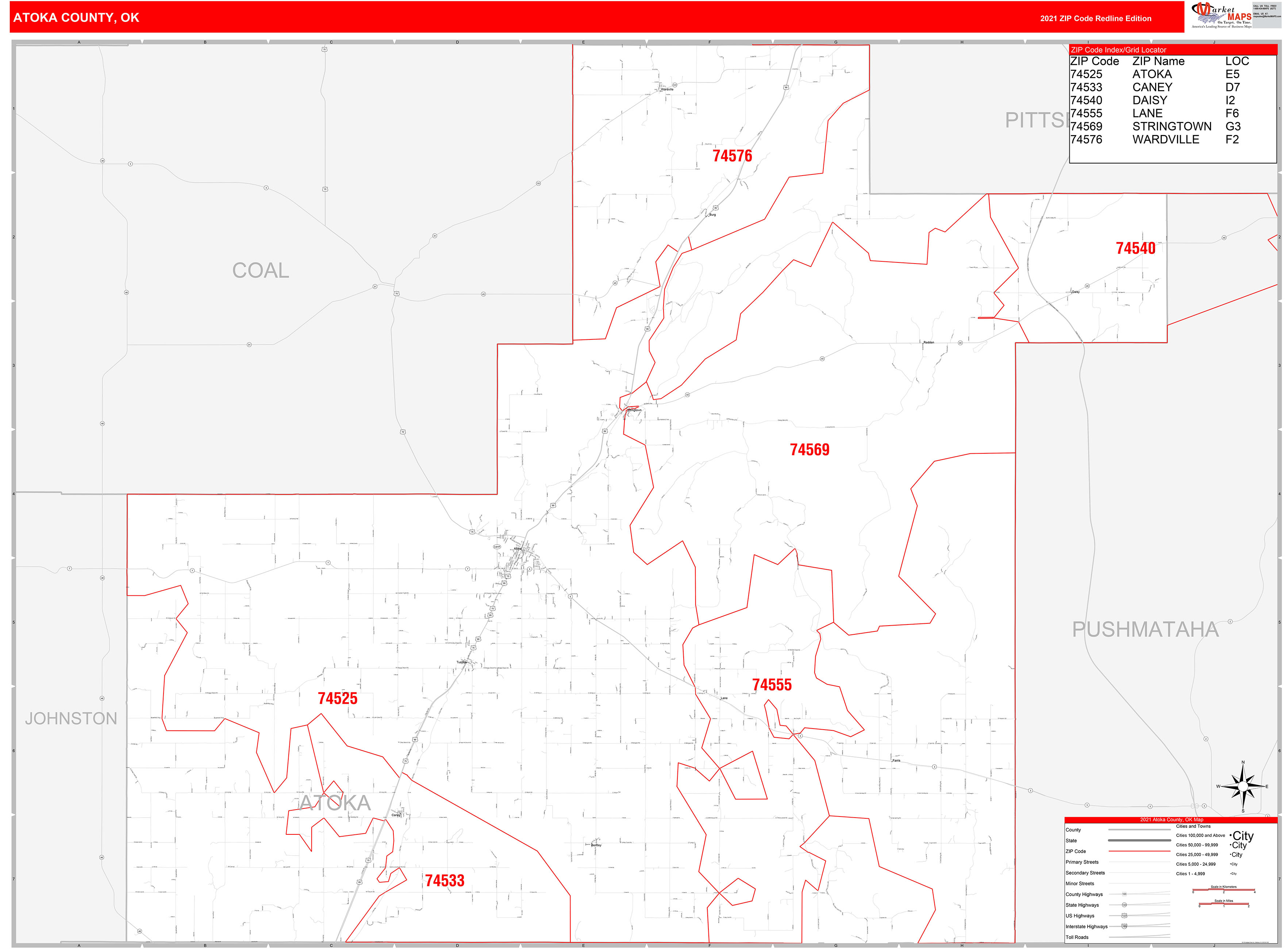 Atoka County, OK Zip Code Wall Map Red Line Style by MarketMAPS MapSales