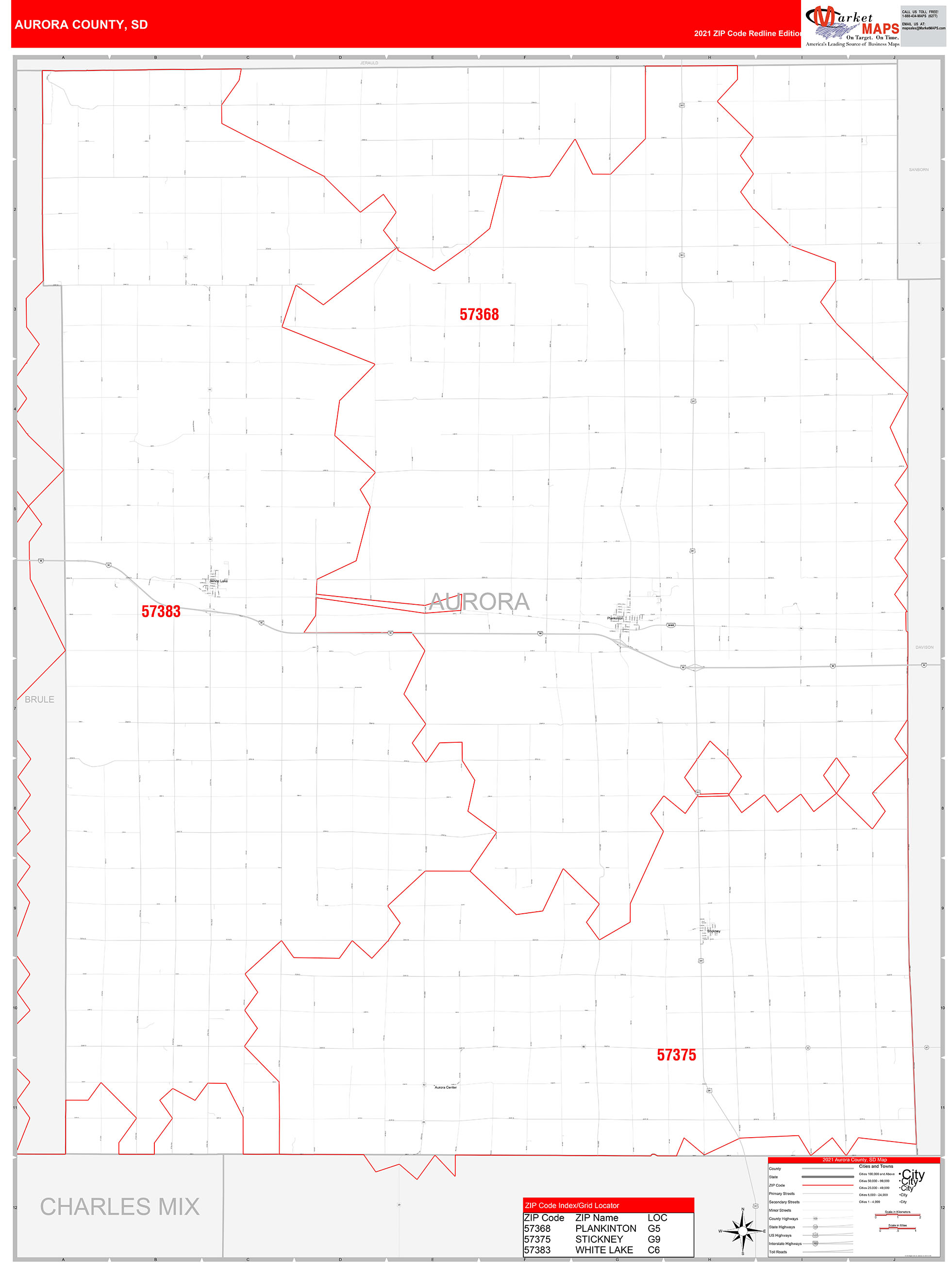 Aurora County, SD Zip Code Wall Map Red Line Style by MarketMAPS