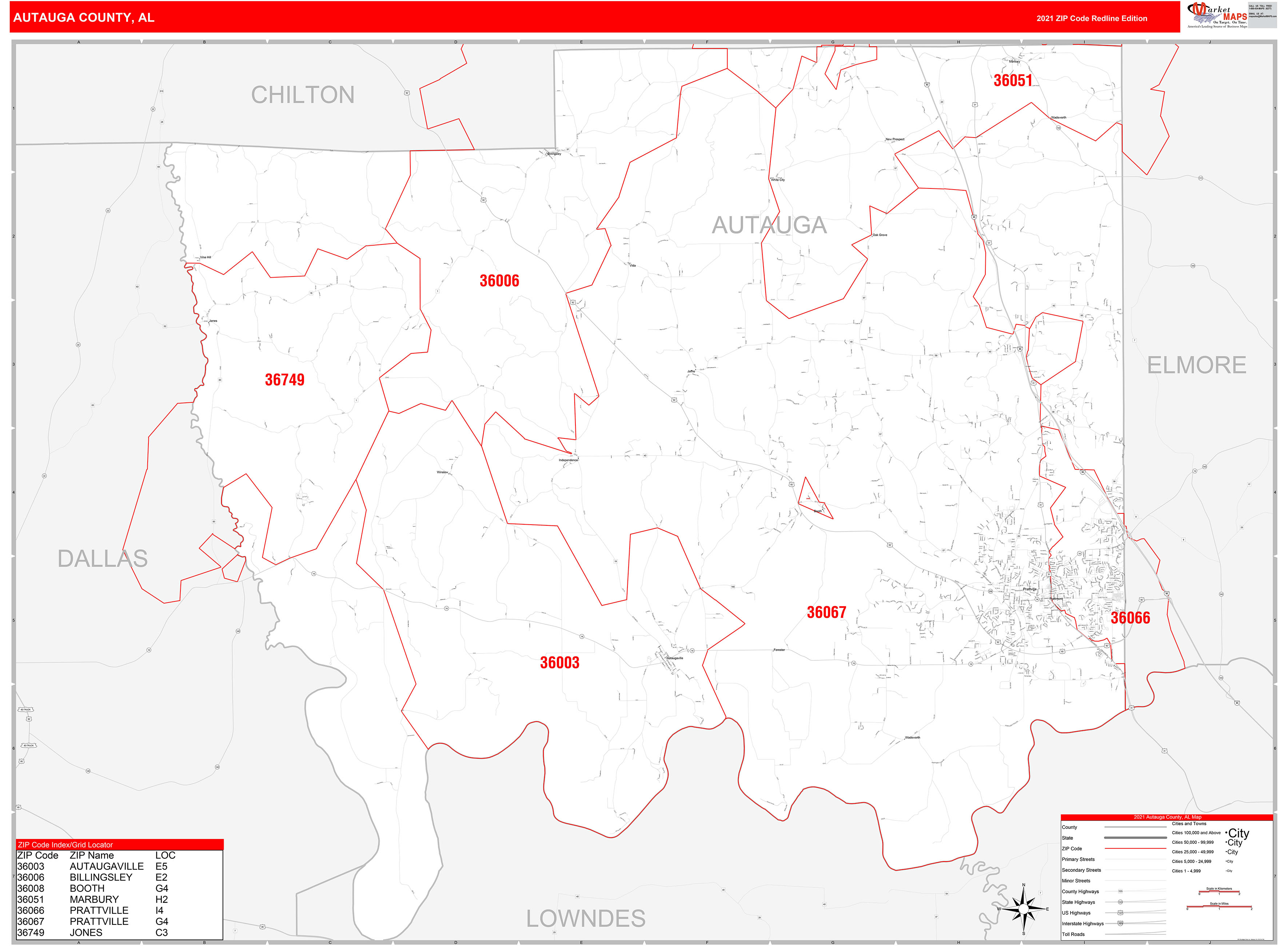 Autauga County, AL Zip Code Wall Map Red Line Style by MarketMAPS
