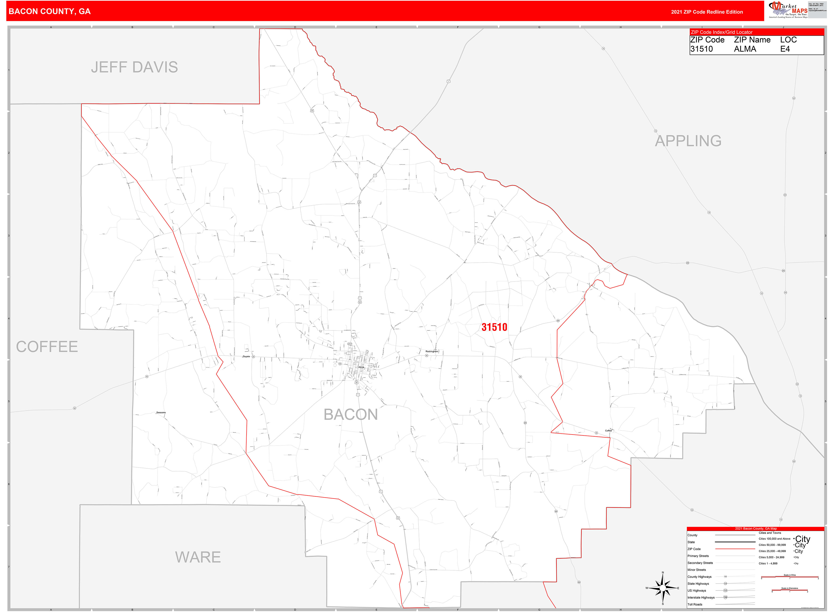 Bacon County, GA Zip Code Wall Map Red Line Style by MarketMAPS MapSales