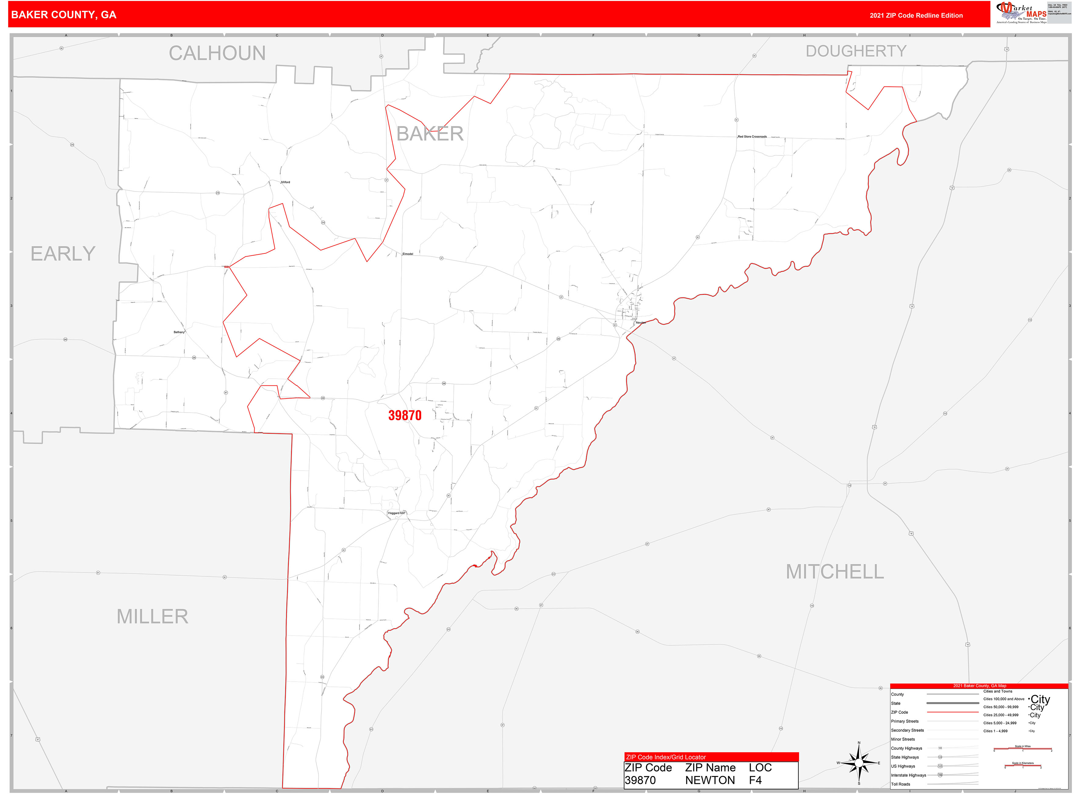 Baker County, GA Zip Code Wall Map Red Line Style by MarketMAPS