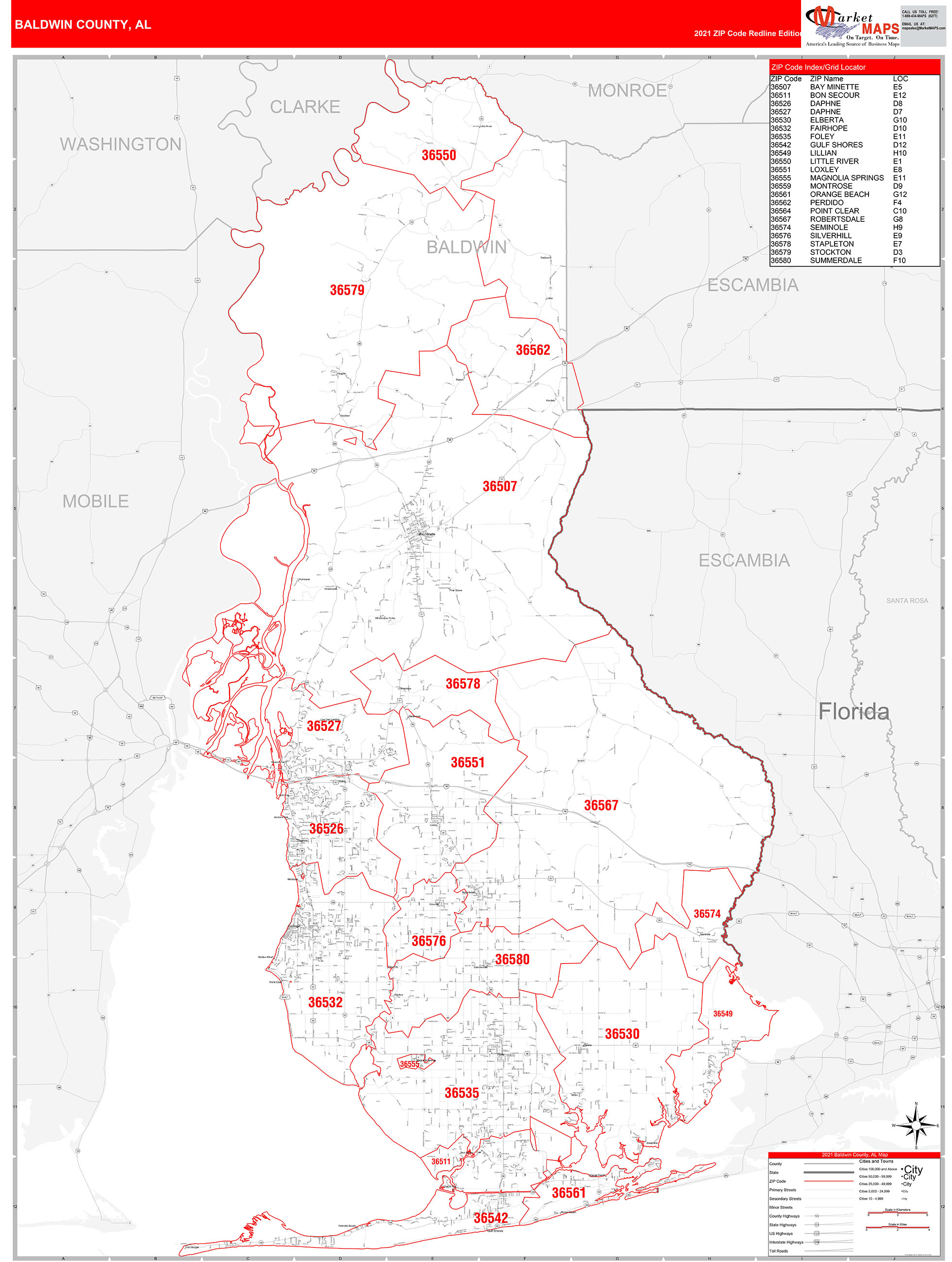 Baldwin County Al Zip Code Wall Map Red Line Style By Marketmaps