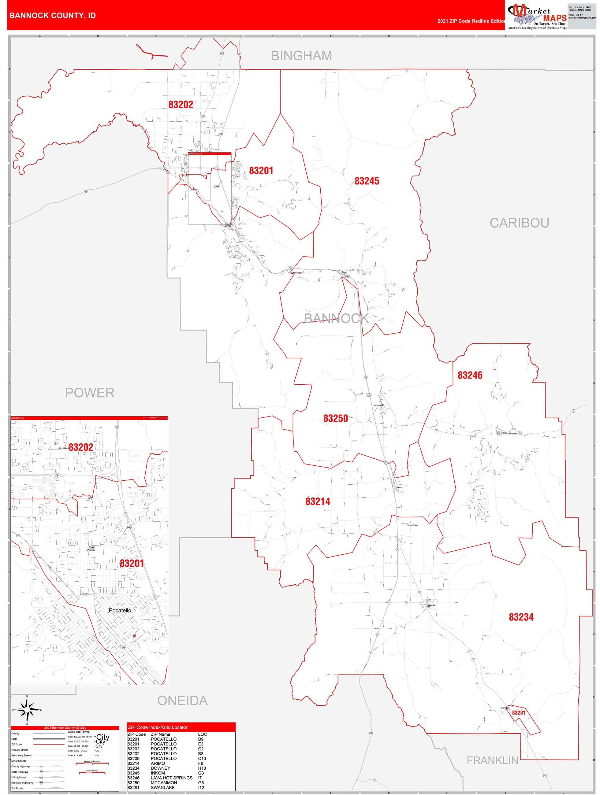 Bannock County, ID Zip Code Wall Map Red Line Style by MarketMAPS