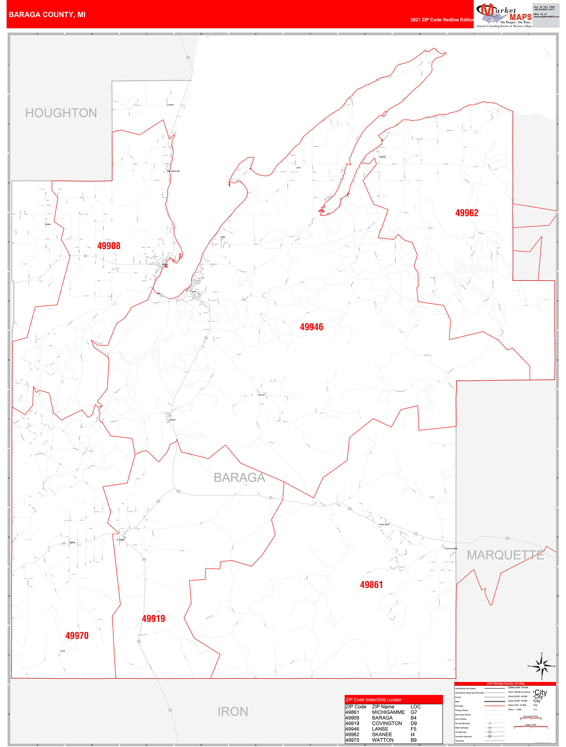 Baraga County, MI Zip Code Wall Map Red Line Style by MarketMAPS
