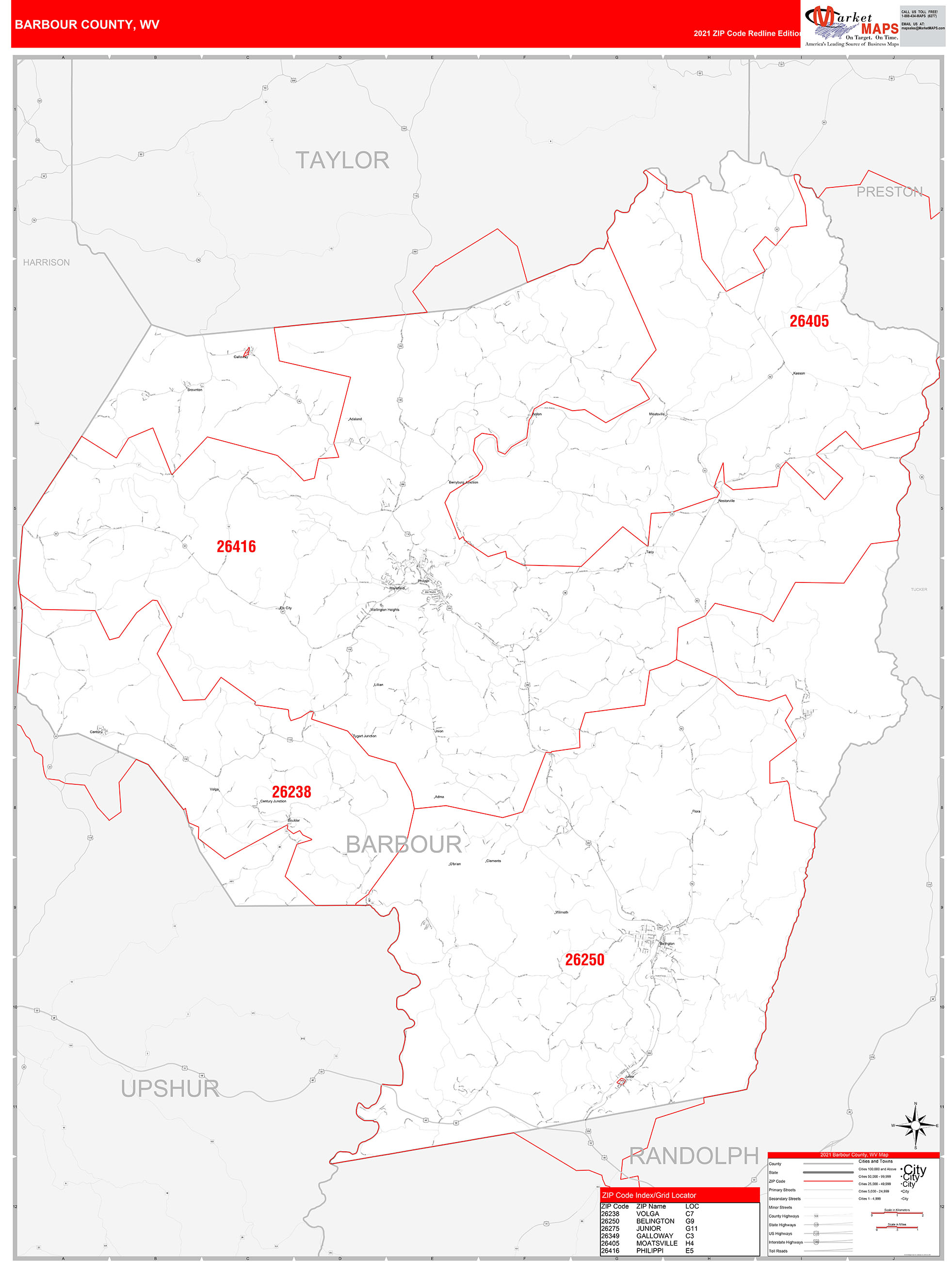 Barbour County, WV Zip Code Wall Map Red Line Style by MarketMAPS