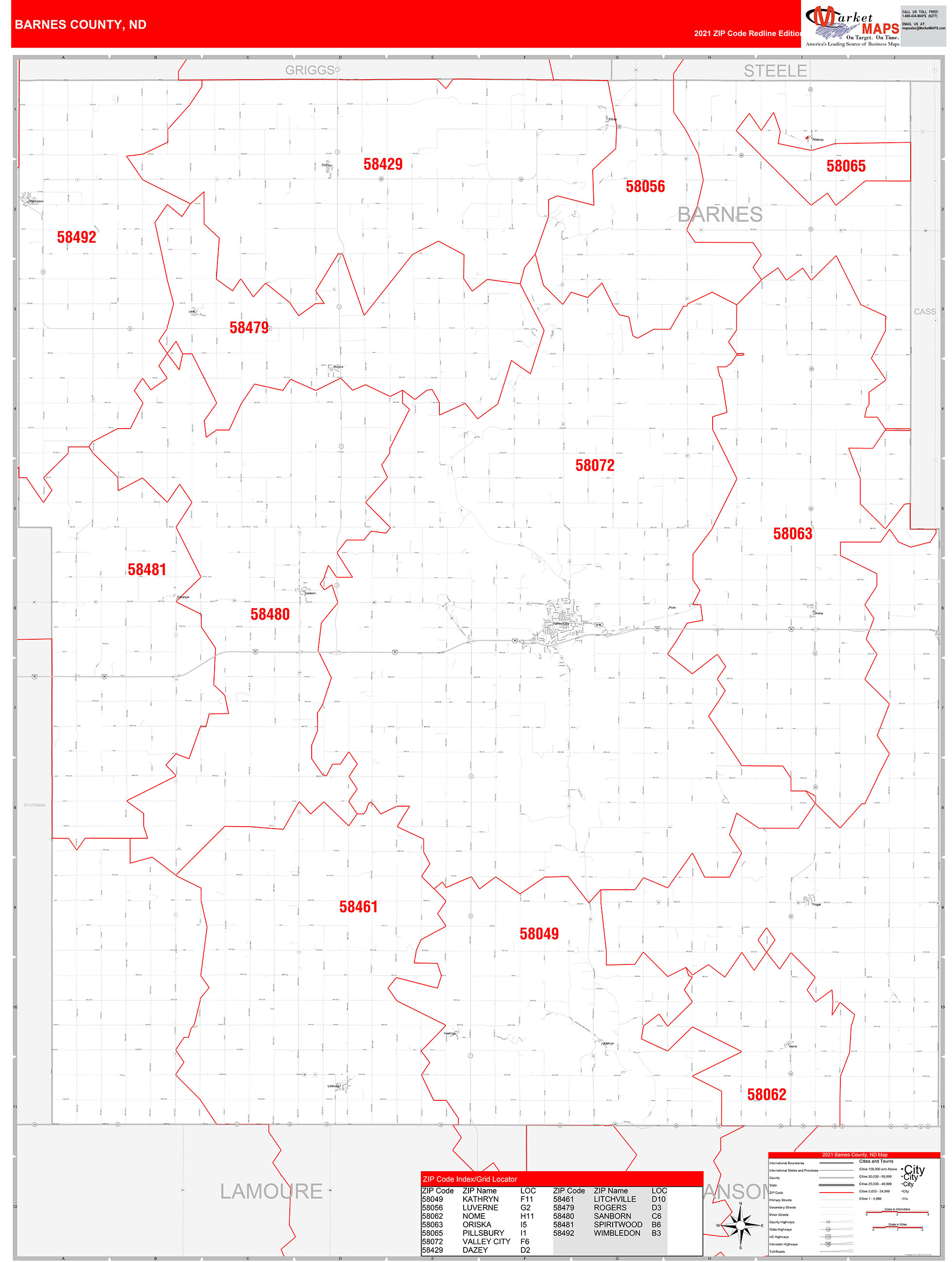 Barnes County, ND Zip Code Wall Map Red Line Style by MarketMAPS