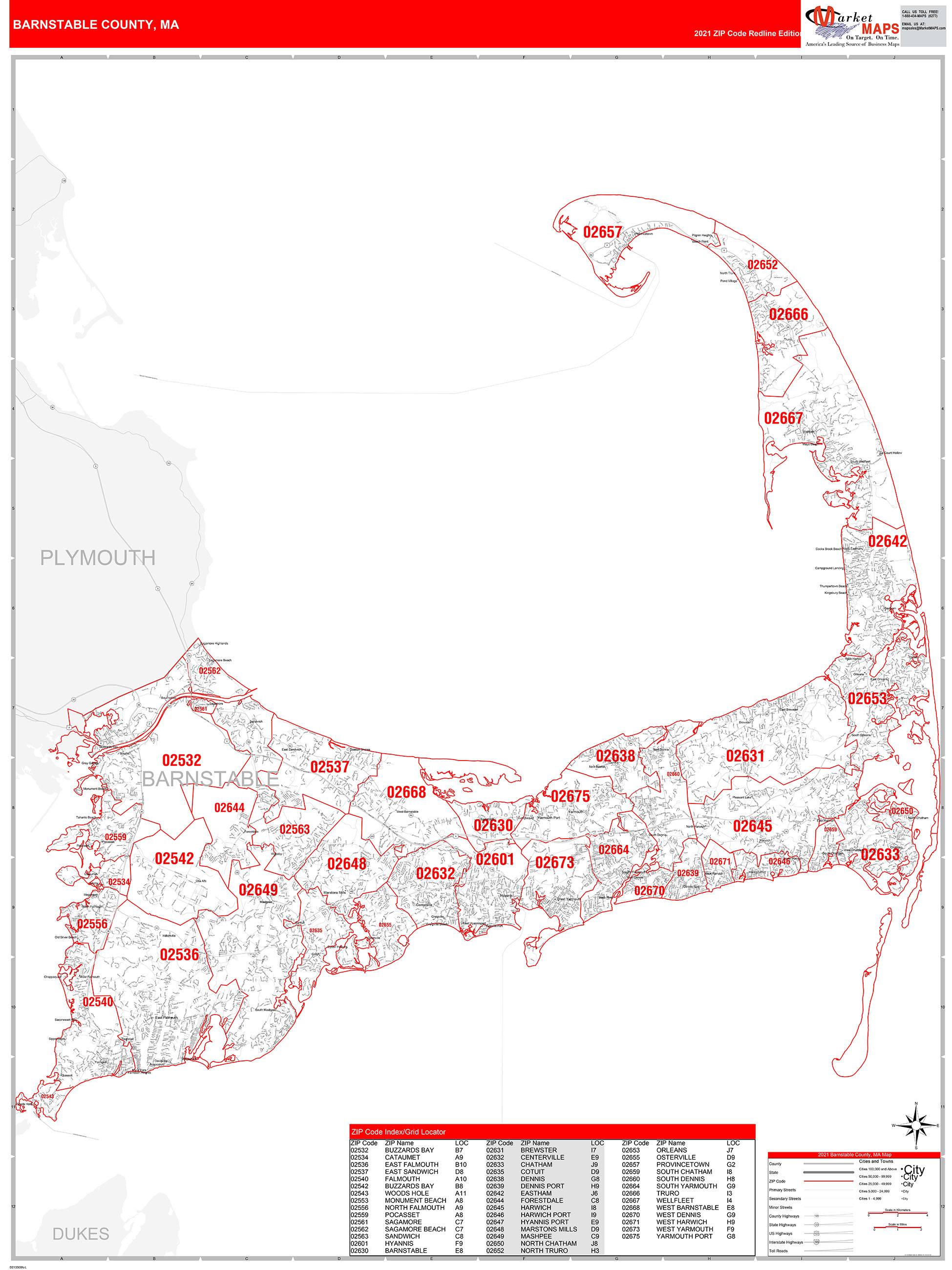 Barnstable County, MA Zip Code Wall Map Red Line Style by MarketMAPS