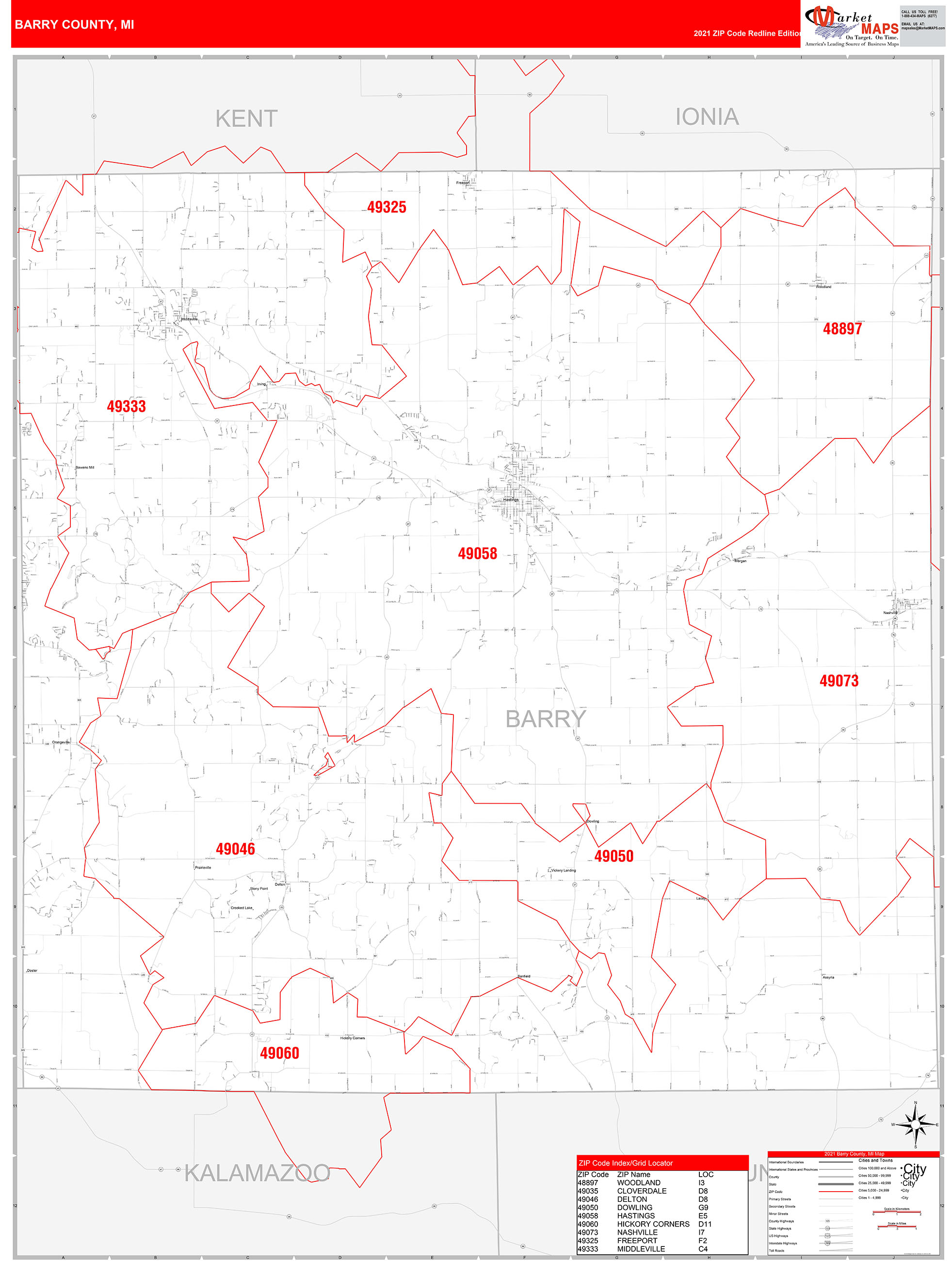 Barry County, MI Zip Code Wall Map Red Line Style by MarketMAPS