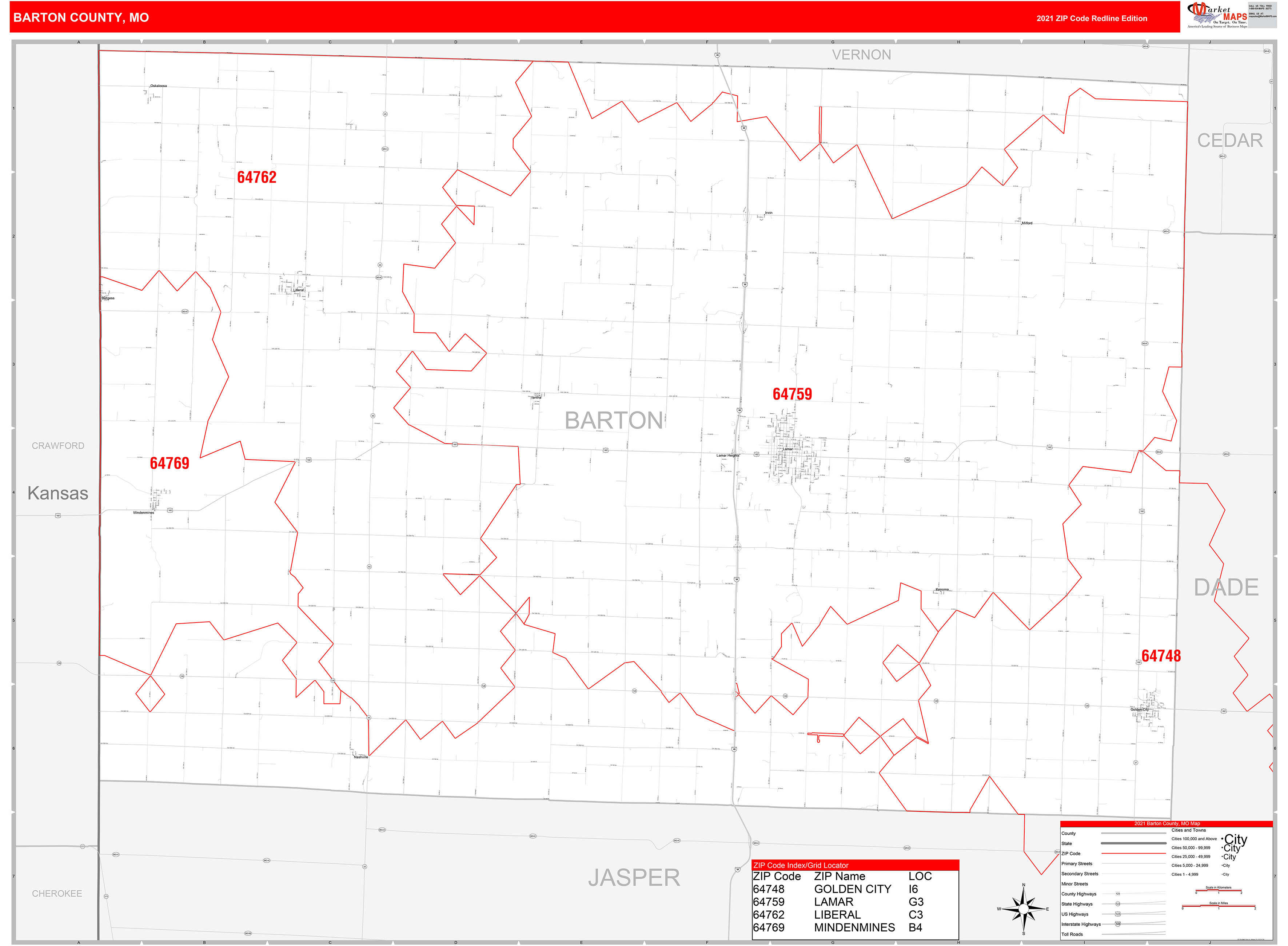 Barton County, MO Zip Code Wall Map Red Line Style by MarketMAPS