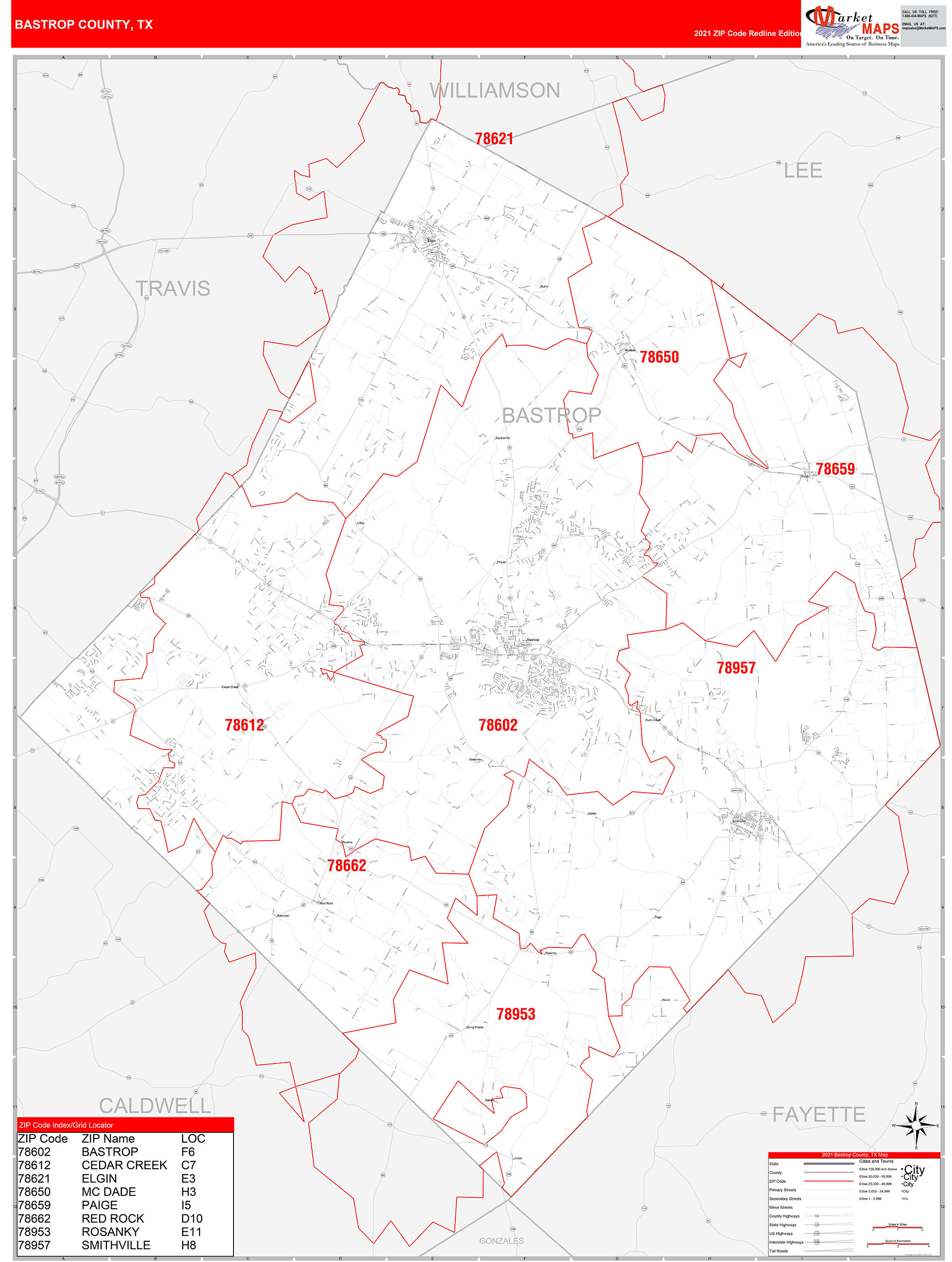 Bastrop County, TX Zip Code Wall Map Red Line Style by MarketMAPS